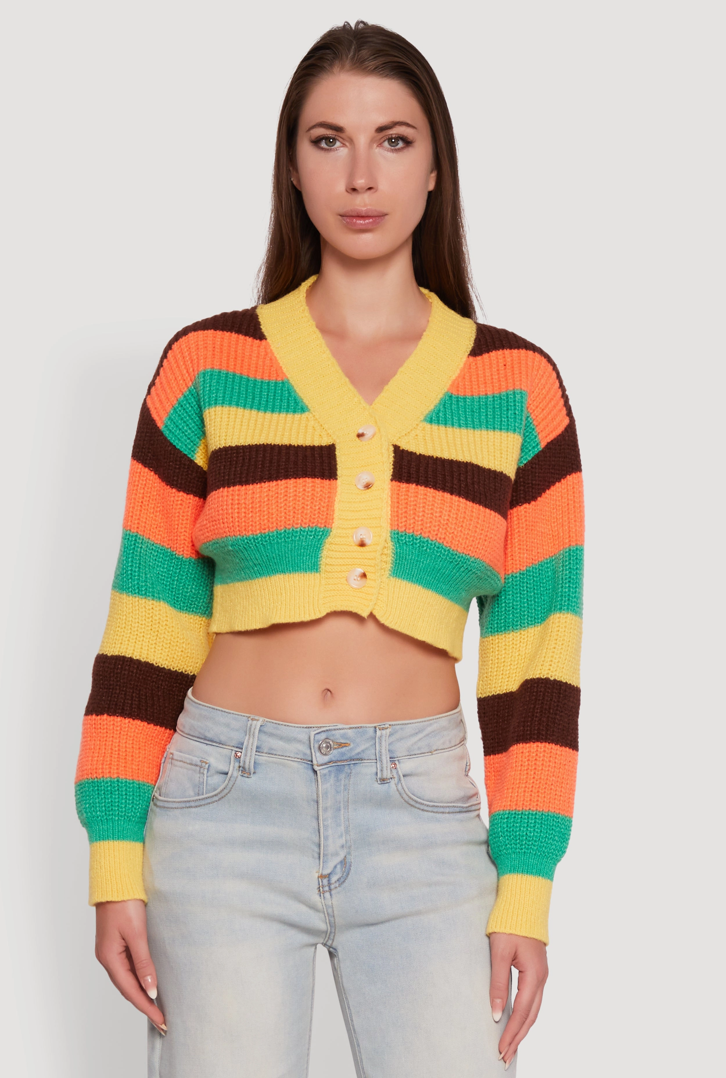 Chilly Layering Knitted Comfort Daisy Striped V-Neck Button Front Cropped Cardigan