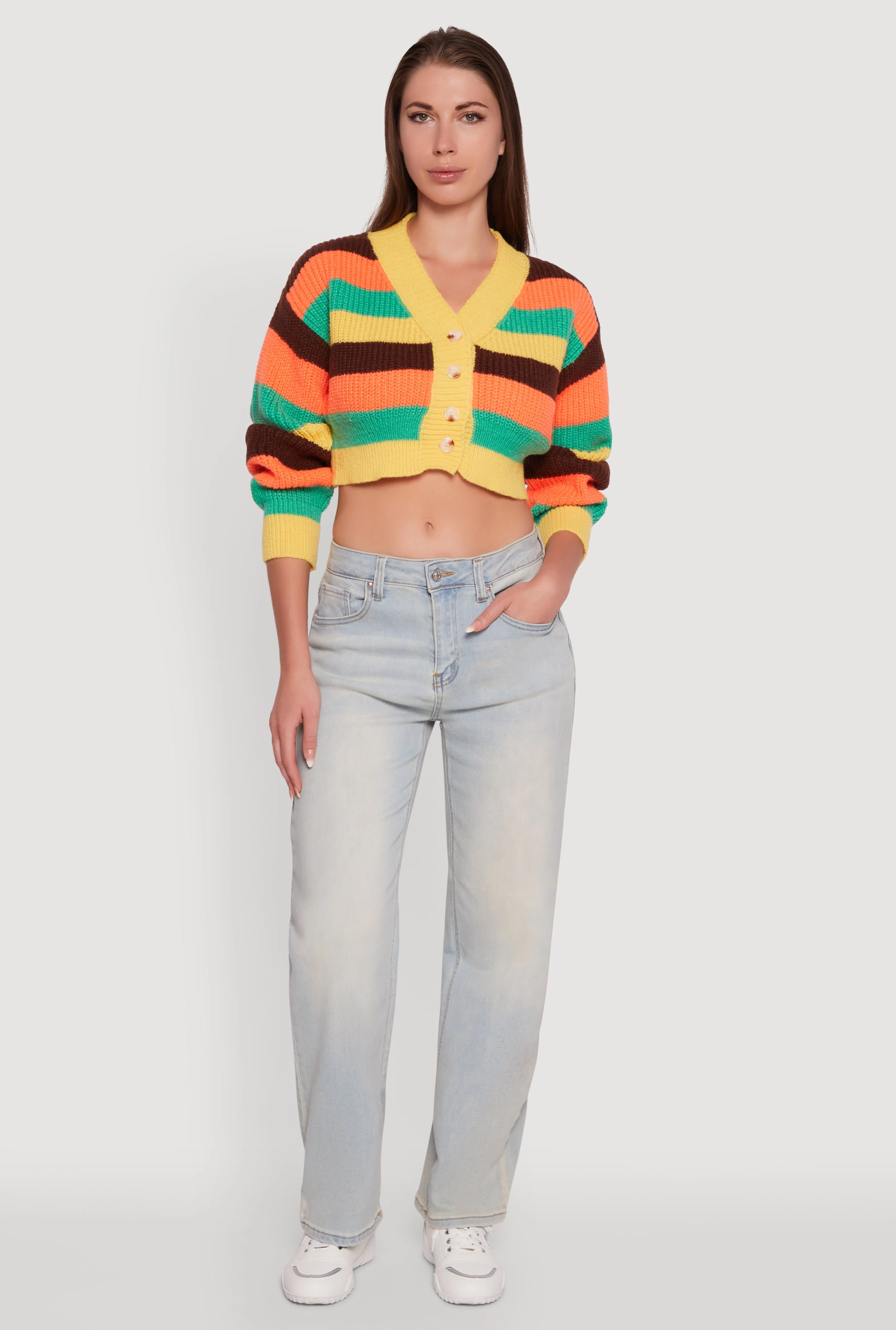 Daisy Striped V-Neck Button Front Cropped Cardigan Soft Fabric Look
