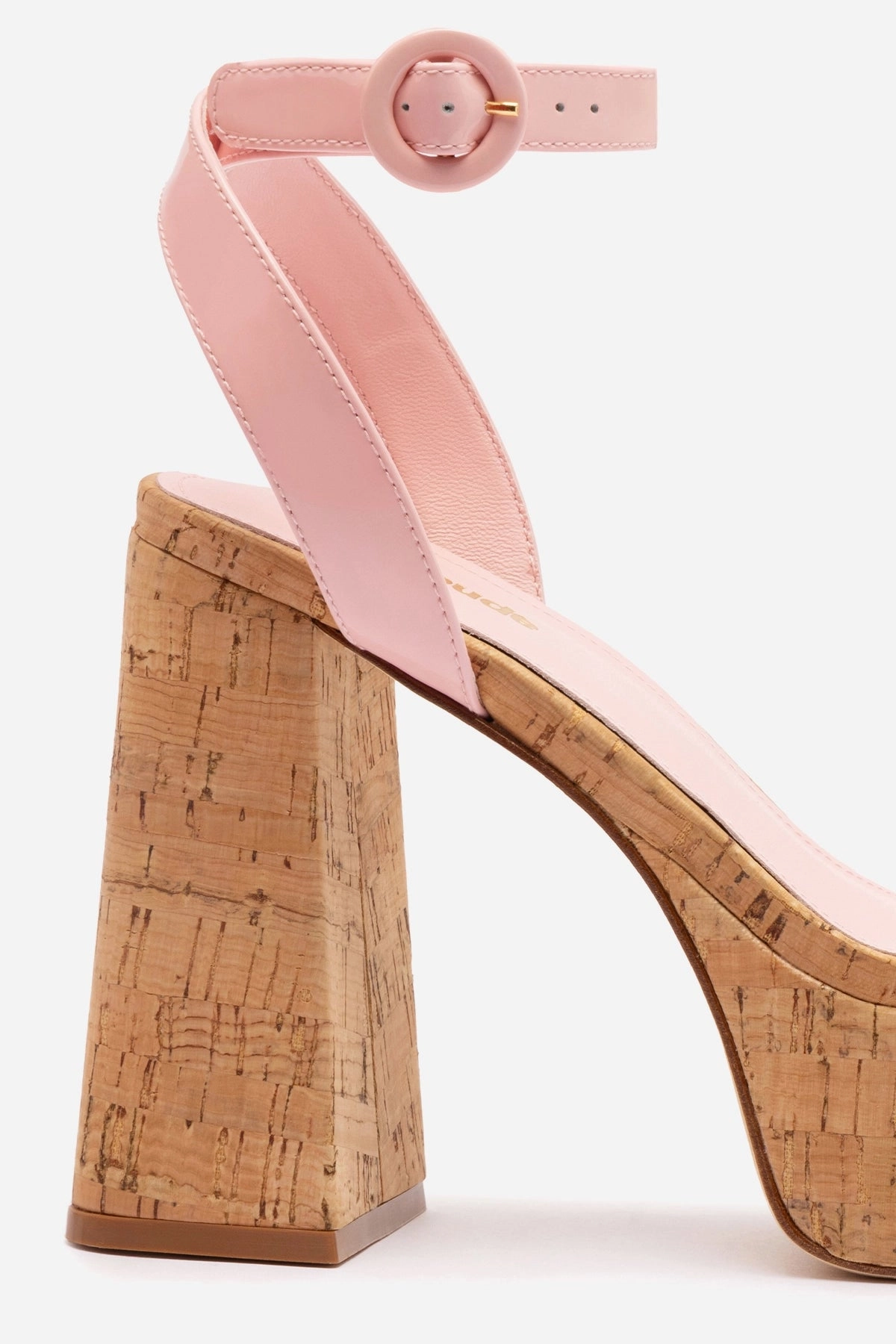 Dolly Sandal In Tulip Patent Leather and Natural Cork Foot Care Strap Locking Mechanism