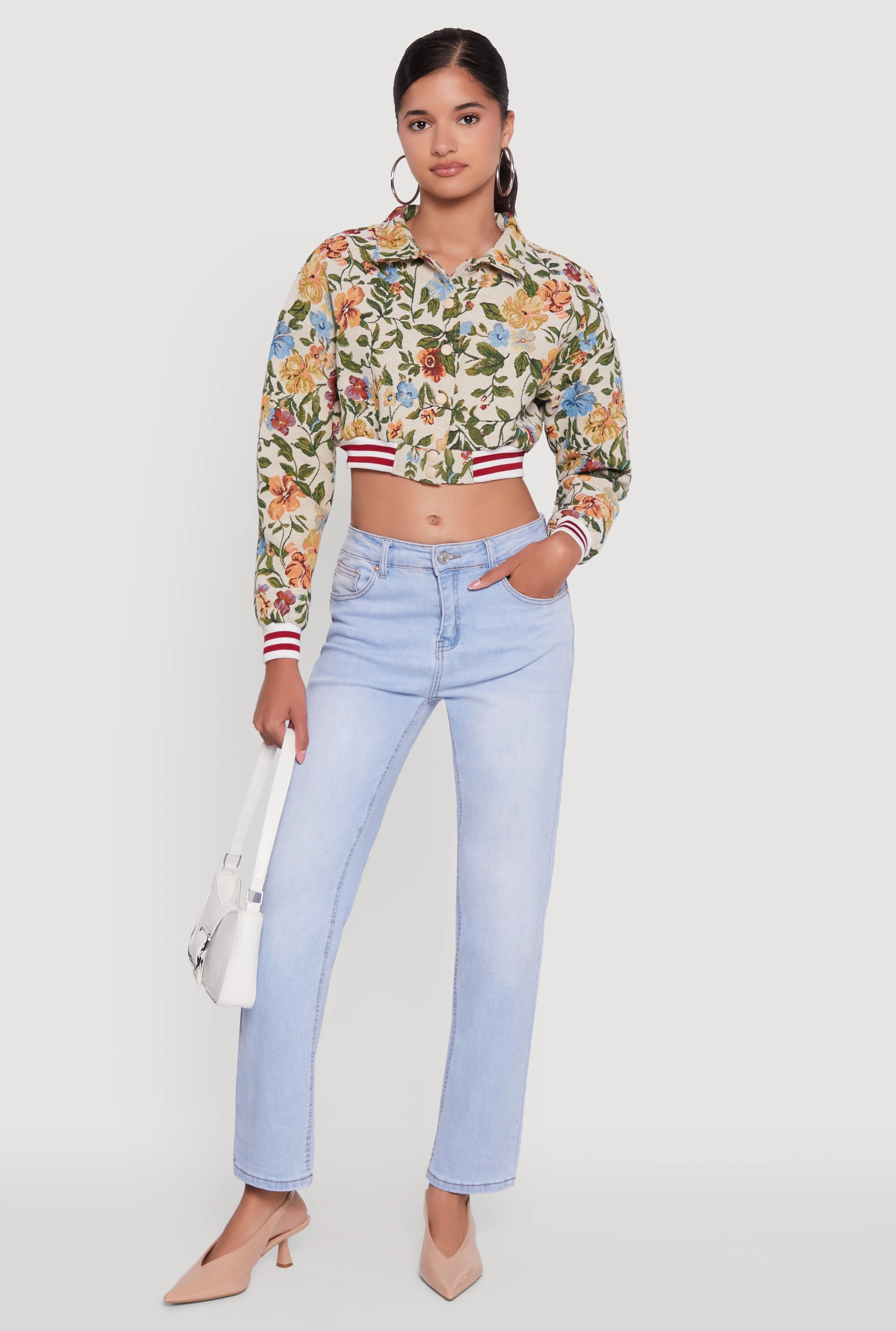 Multi Pocket Compressed Packing Design Floral Embroidered Jacquard Jacket with Varsity Stripes