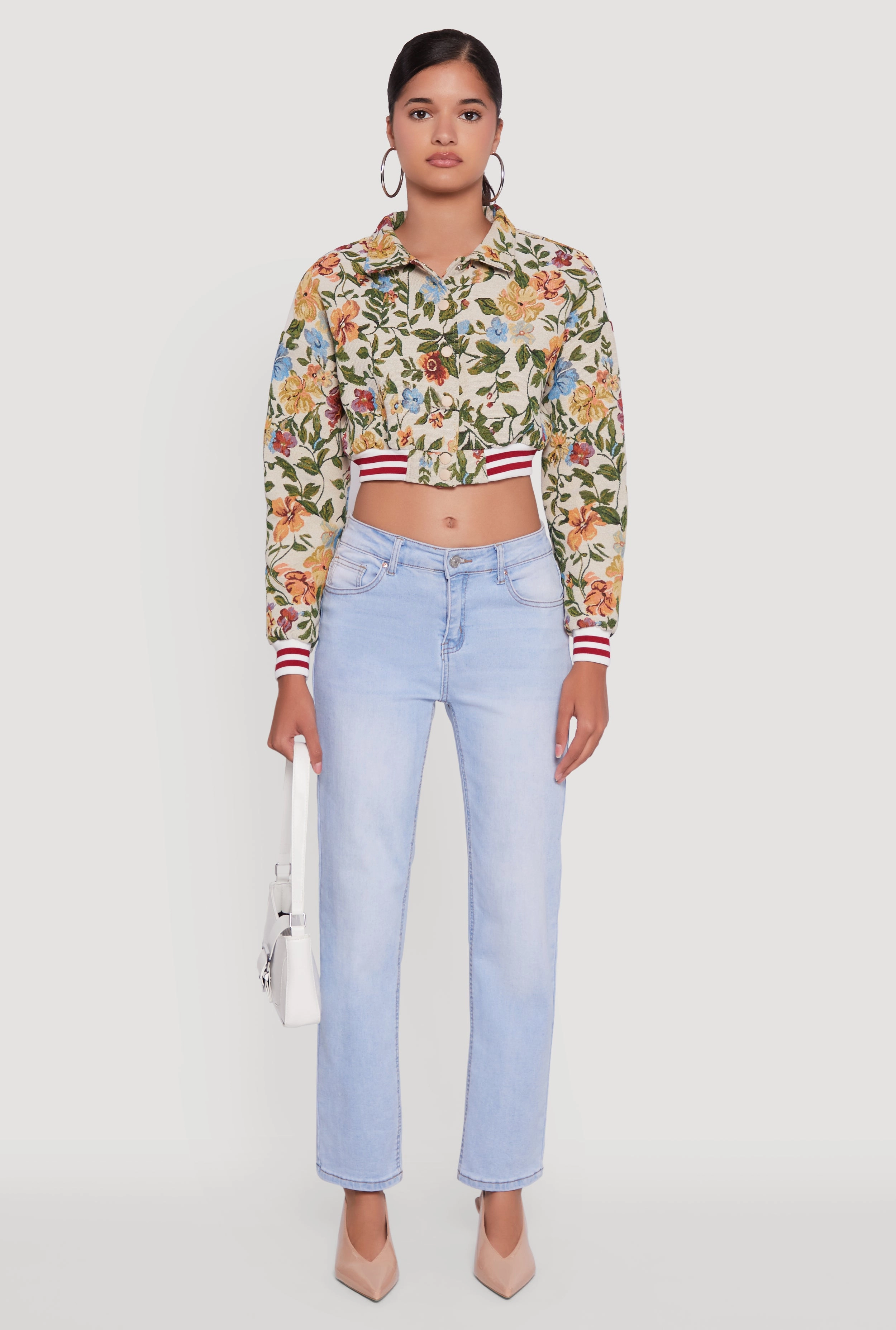 HighVisibility Trims Anti Pilling Floral Embroidered Jacquard Jacket with Varsity Stripes