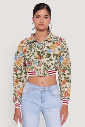 Floral Embroidered Jacquard Jacket with Varsity Stripes Sustainable Material Thermal Insulation