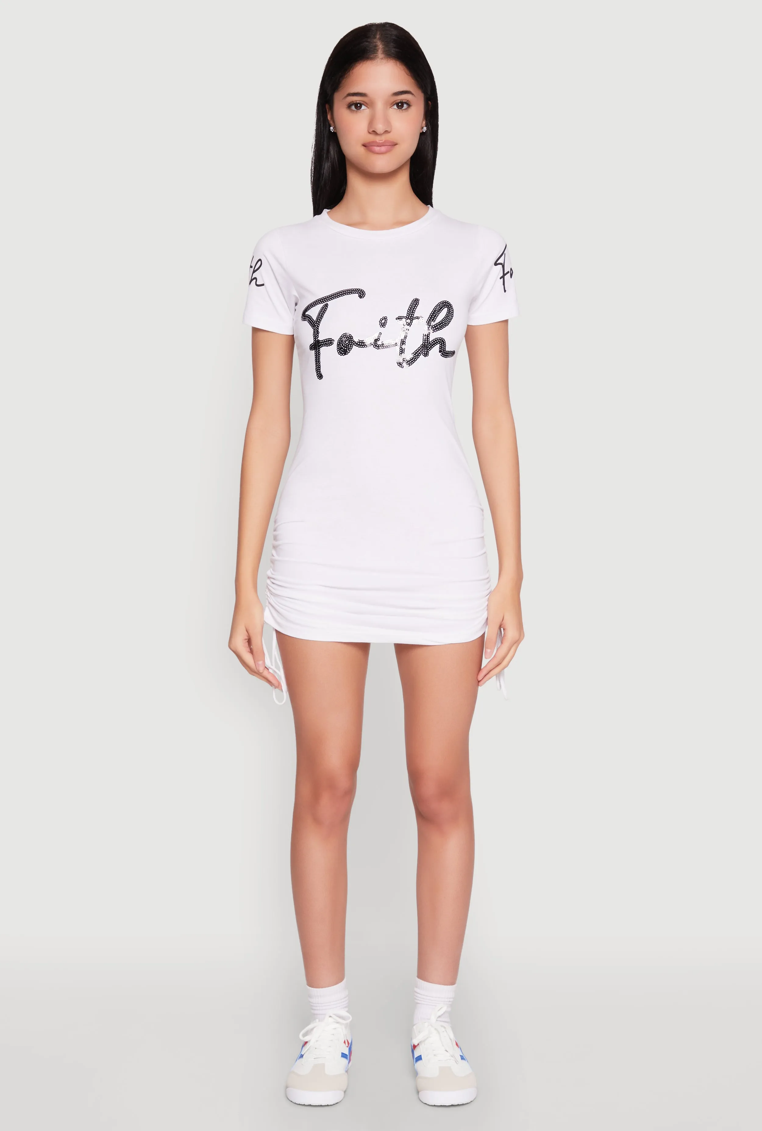 Feminine Line Faith Sequin Ruched T Shirt Dress