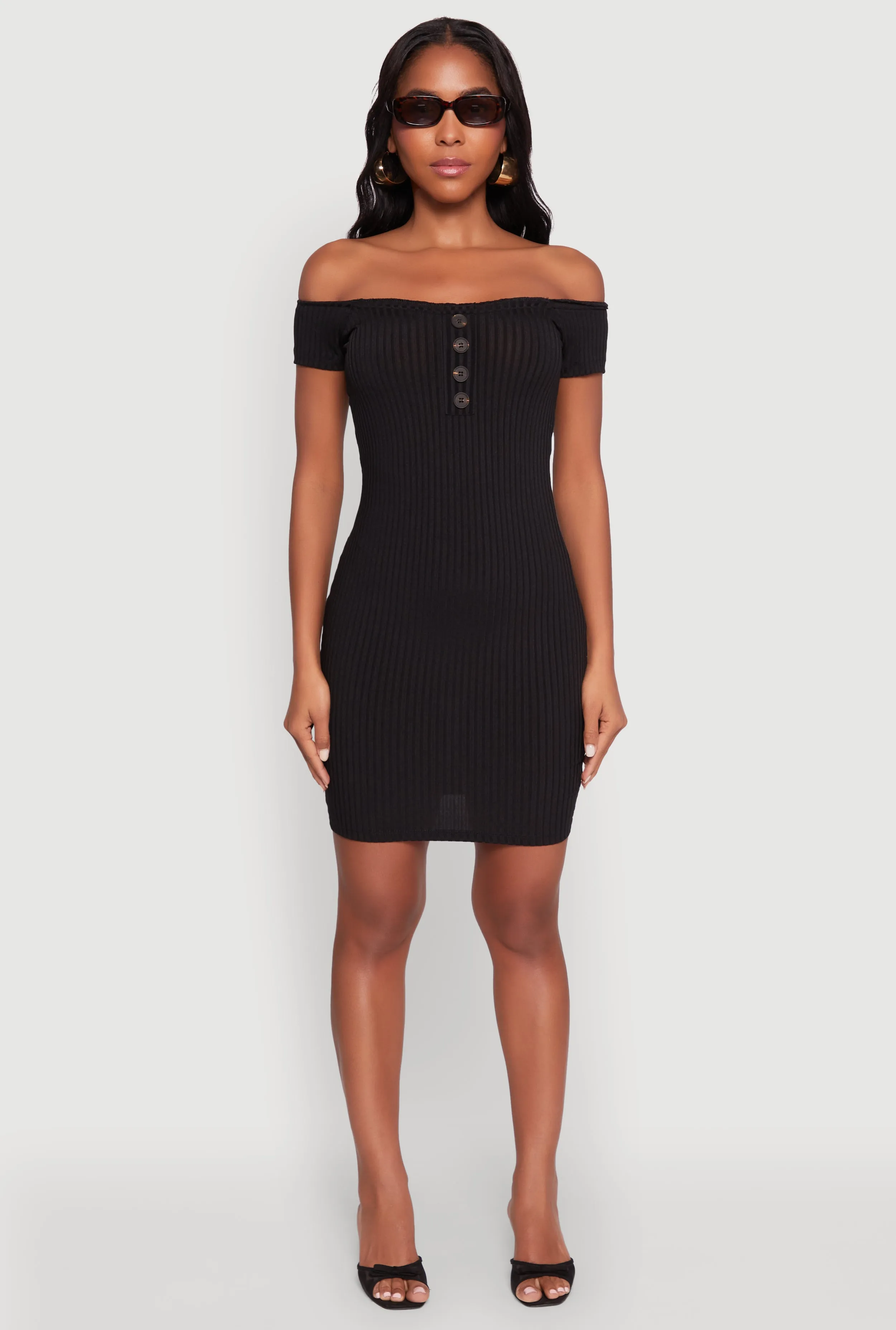 Rib Knit Faux Button Off Shoulder Bodycon Dress Elegant Outline