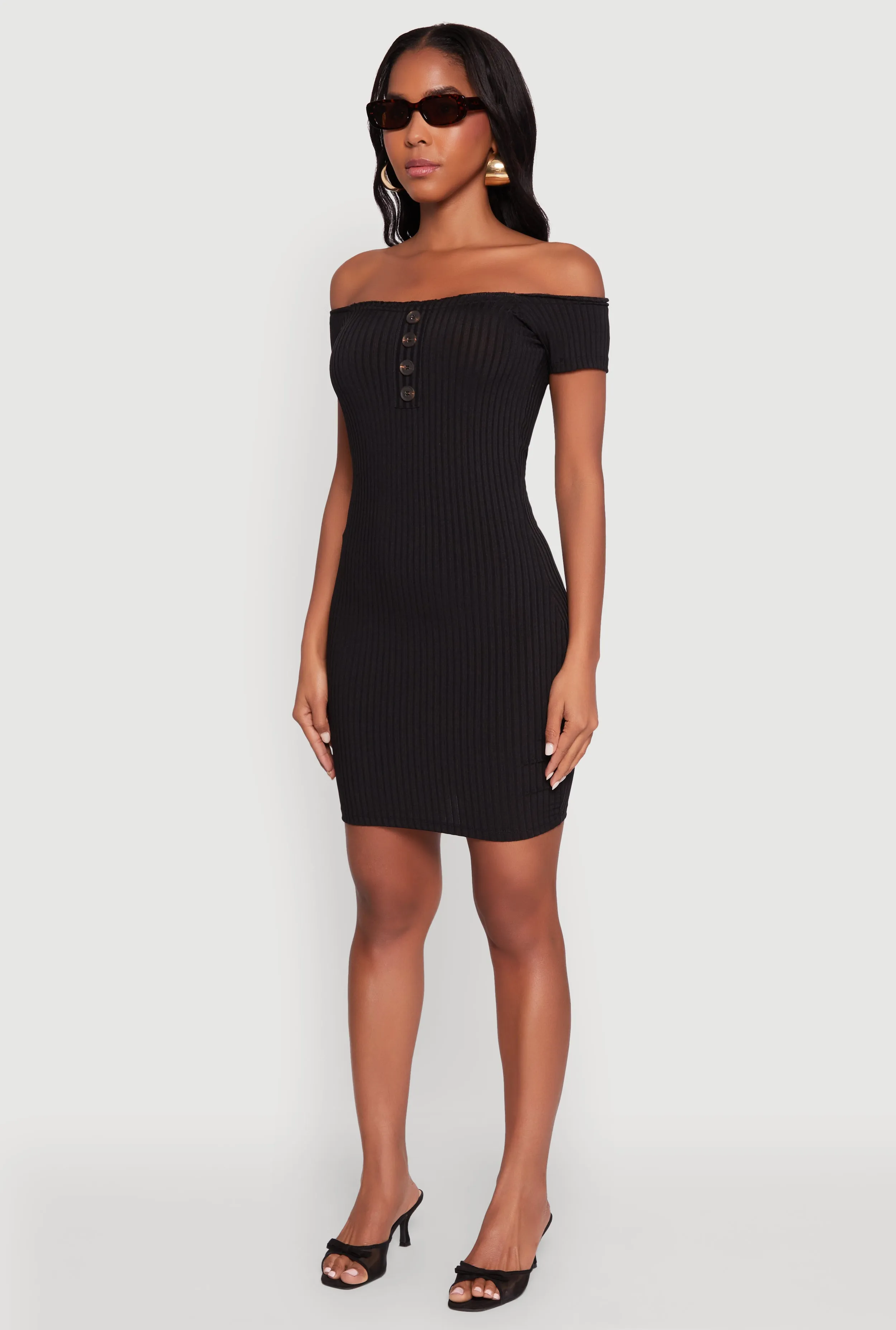 Rib Knit Faux Button Off Shoulder Bodycon Dress Understated Elegance Breathable Layering