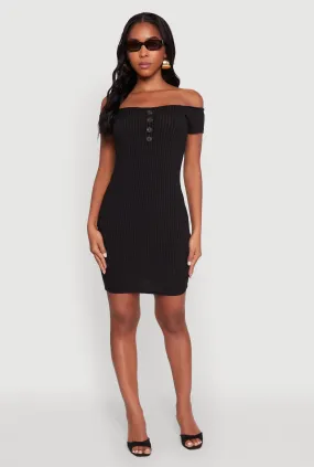 Stylish Feel Refined touch Rib Knit Faux Button Off Shoulder Bodycon Dress