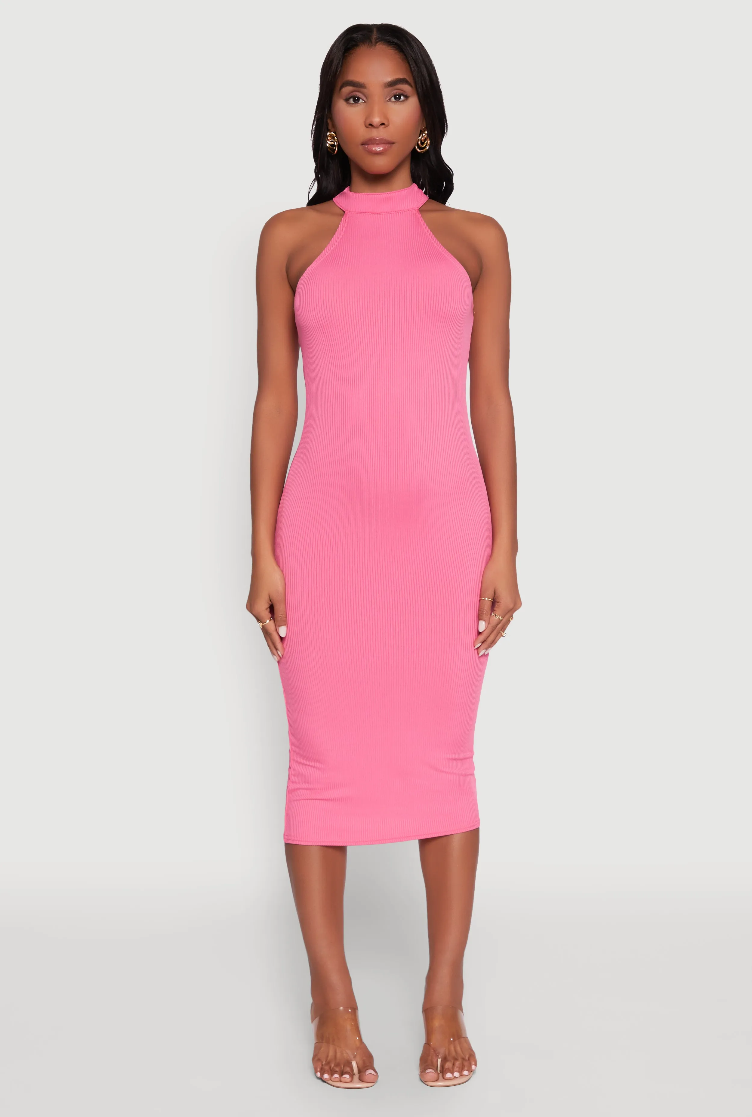 Rib Knit Halter Midi Dress Halter-Neck Shirred-Detail