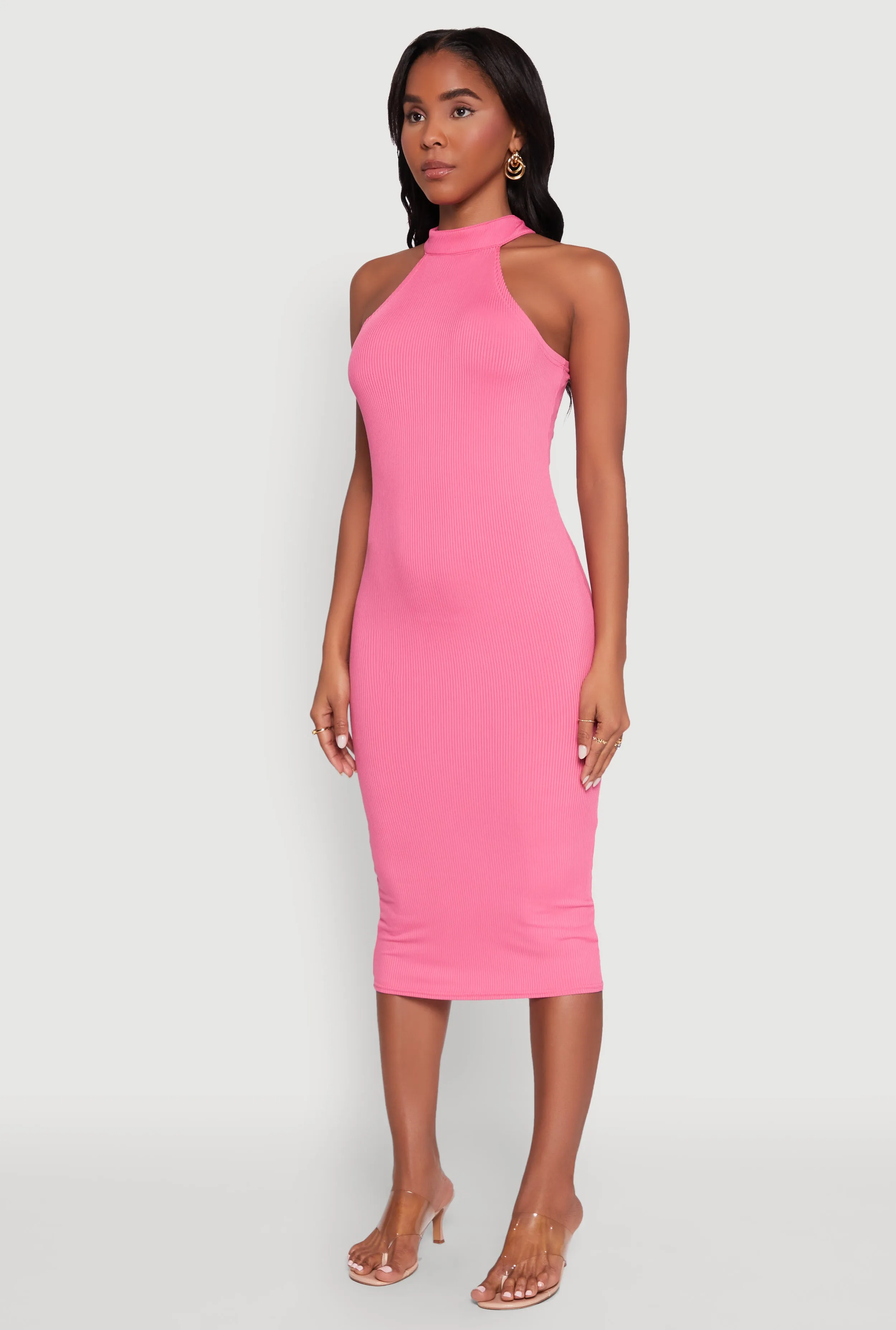 Pure Look Rib Knit Halter Midi Dress