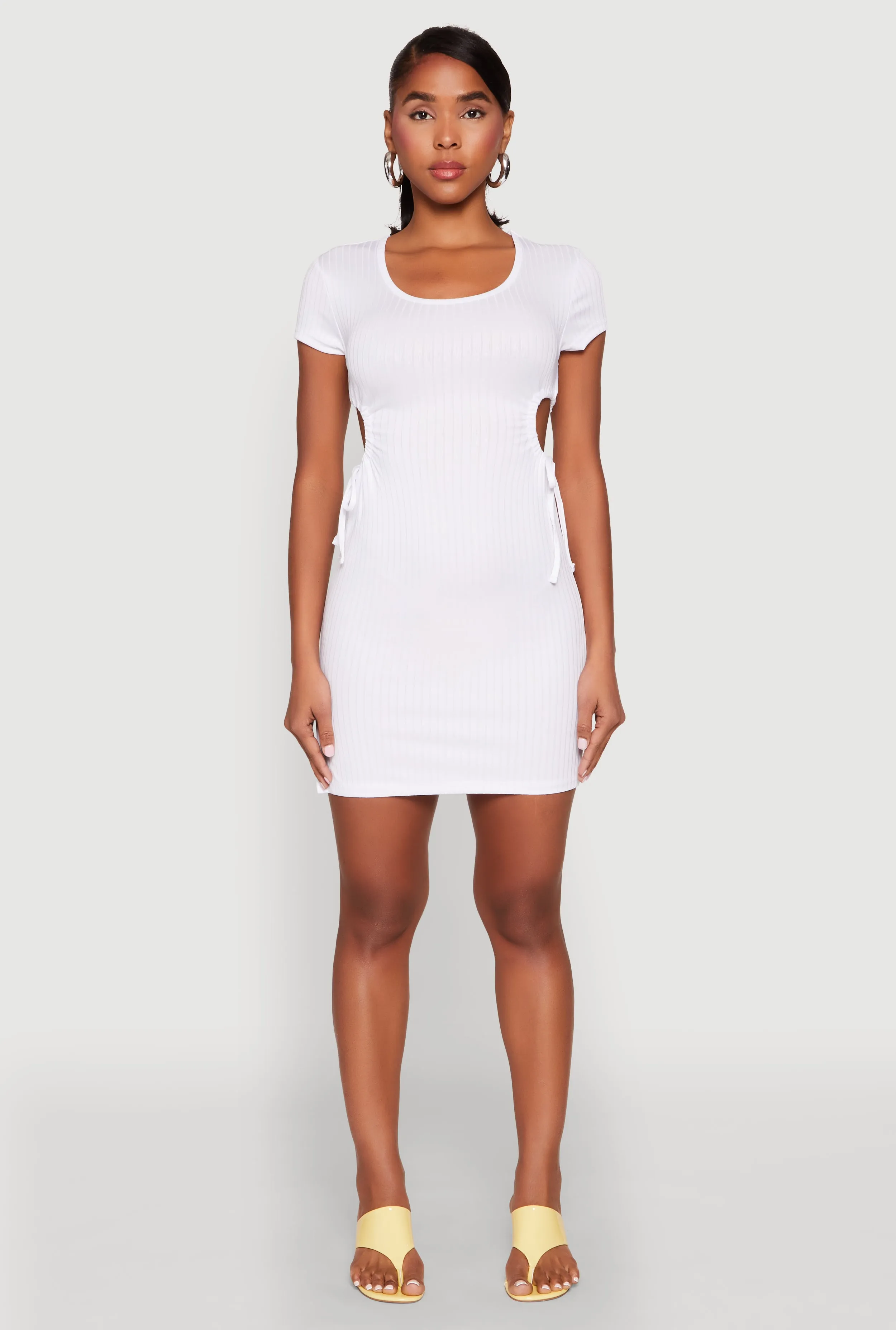 Elegant evening wear Rib Knit Side Ruched Keyhole Mini Dress