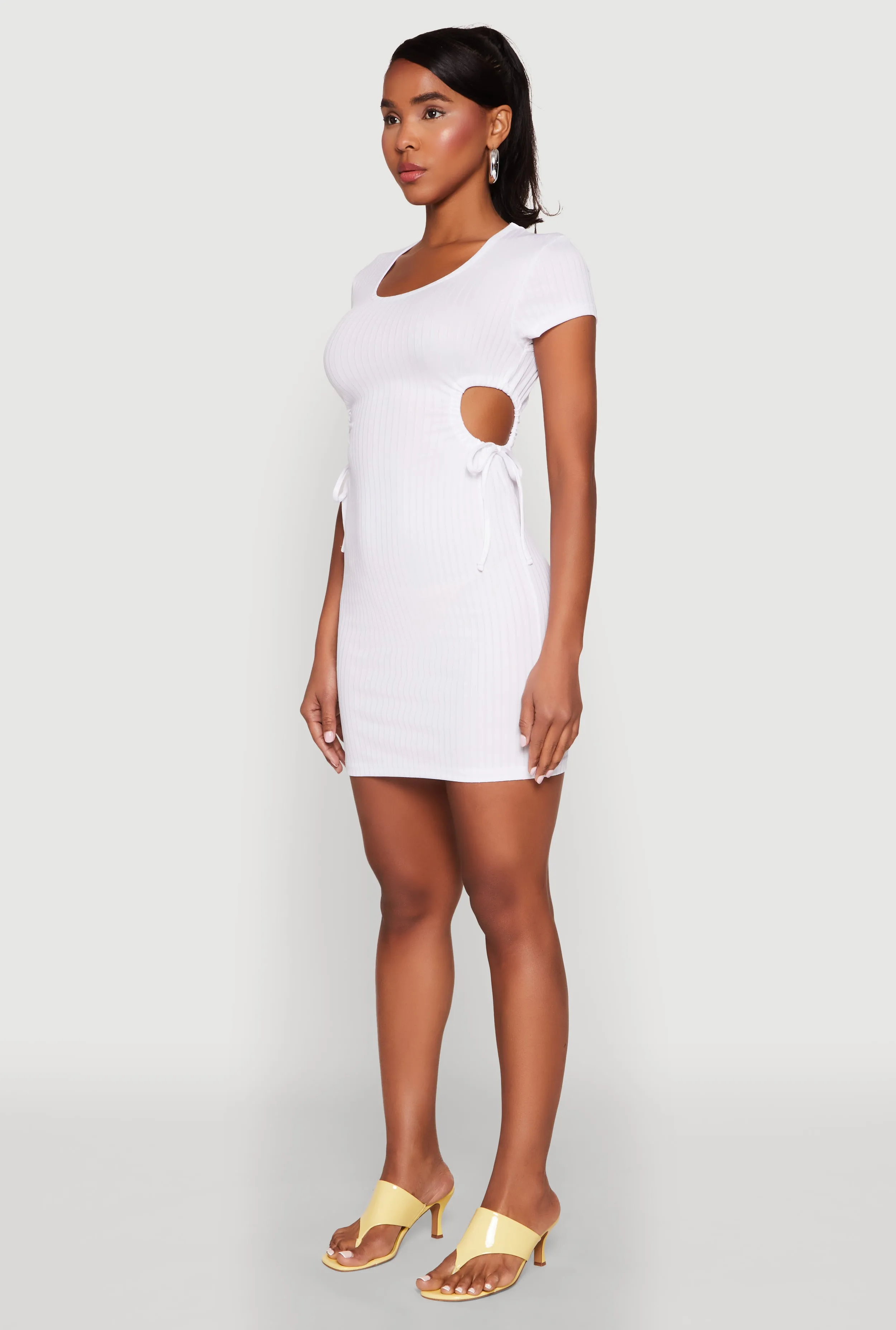 Padded-Bust Refined Stitch Rib Knit Side Ruched Keyhole Mini Dress