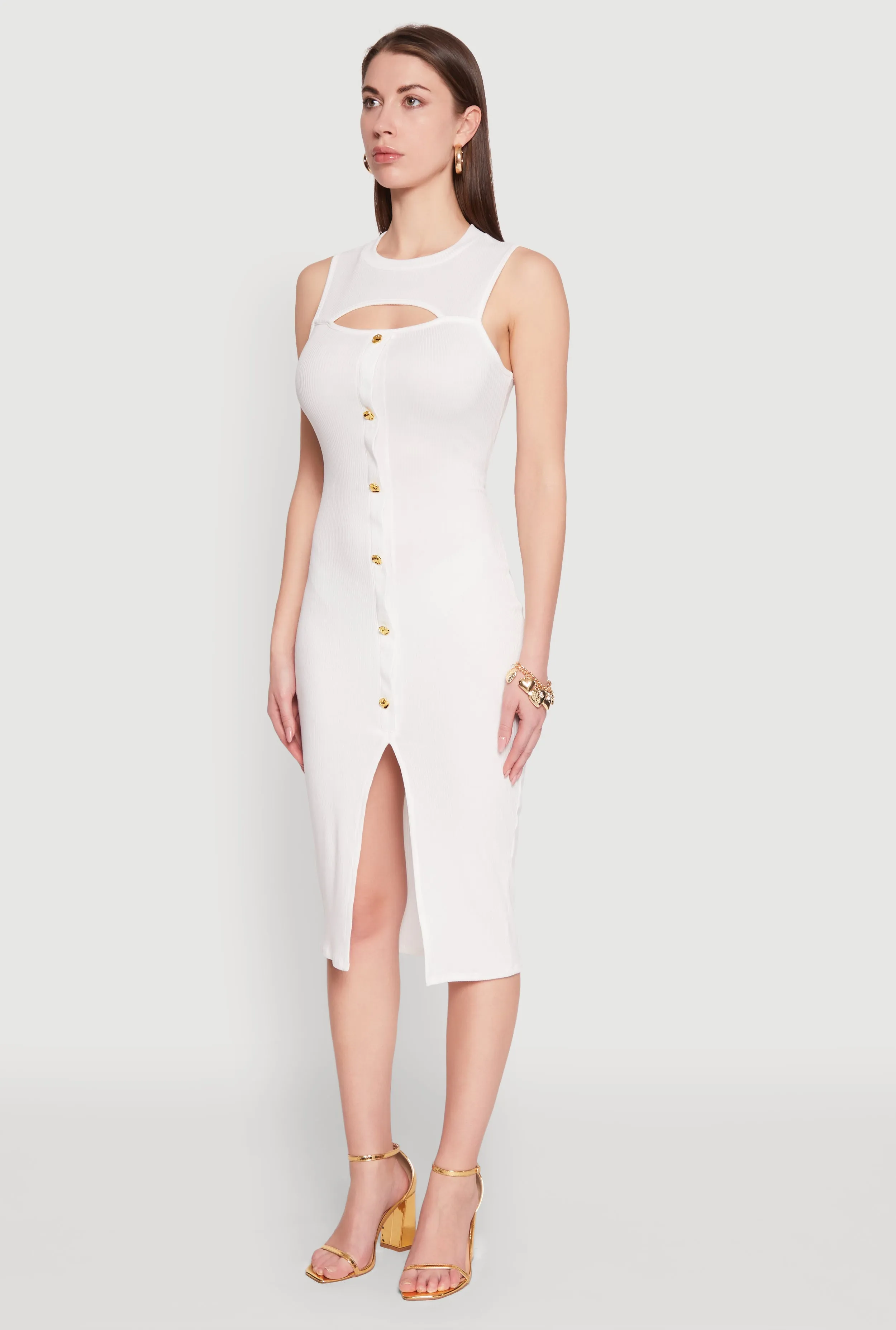 Rib Knit Slit Front Keyhole Midi Dress Daily Comfort