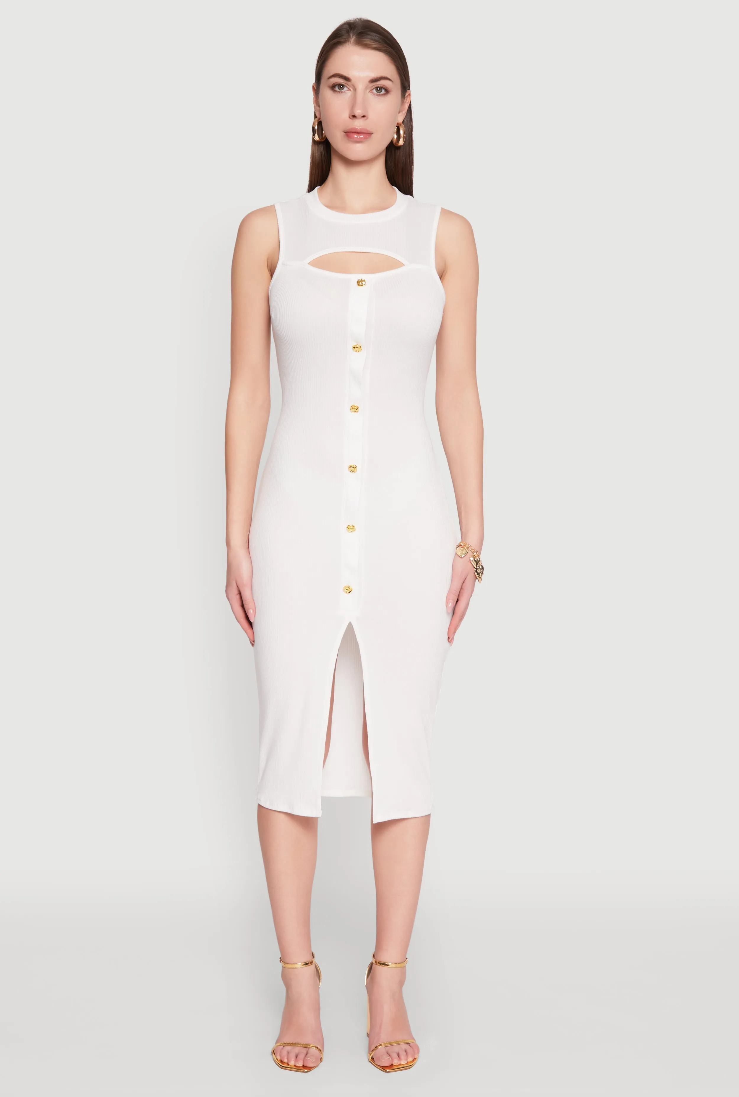 Sunset Glow Rib Knit Slit Front Keyhole Midi Dress