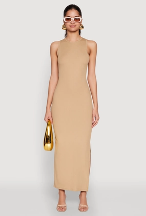 AntiPillTreatment City Style Rib Knit Side Slit Maxi Dress