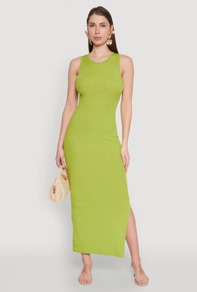 Rib Knit Side Slit Maxi Dress Shine Skin Pure Color
