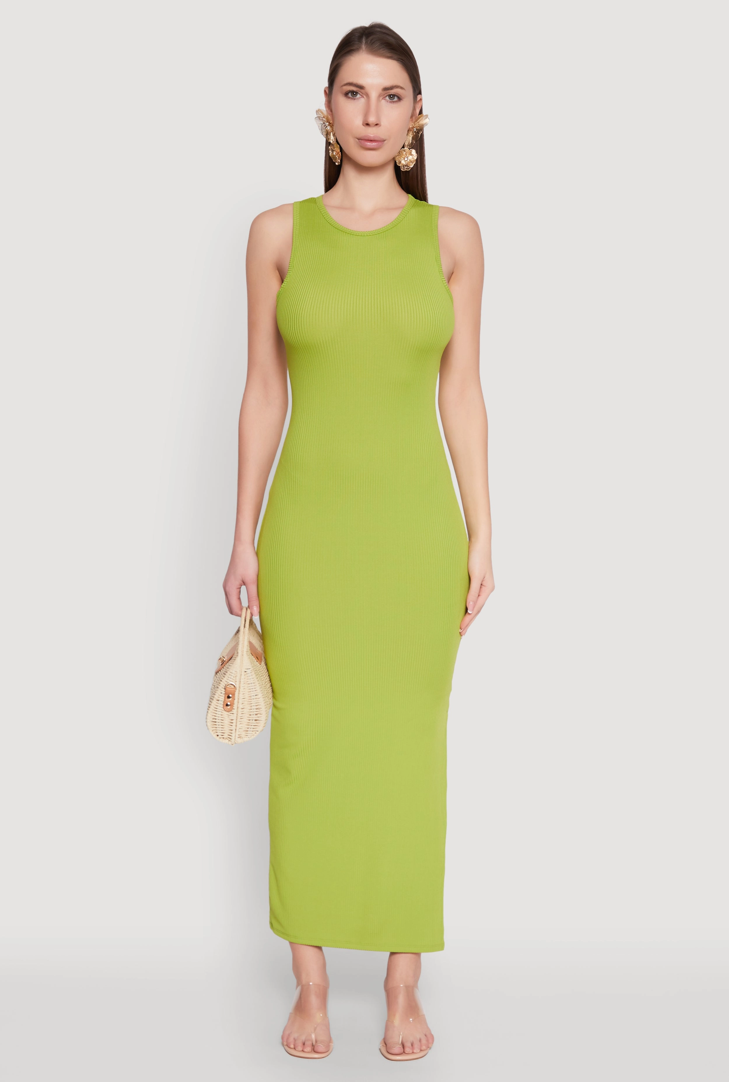 BiasCutSilhouette Rib Knit Side Slit Maxi Dress