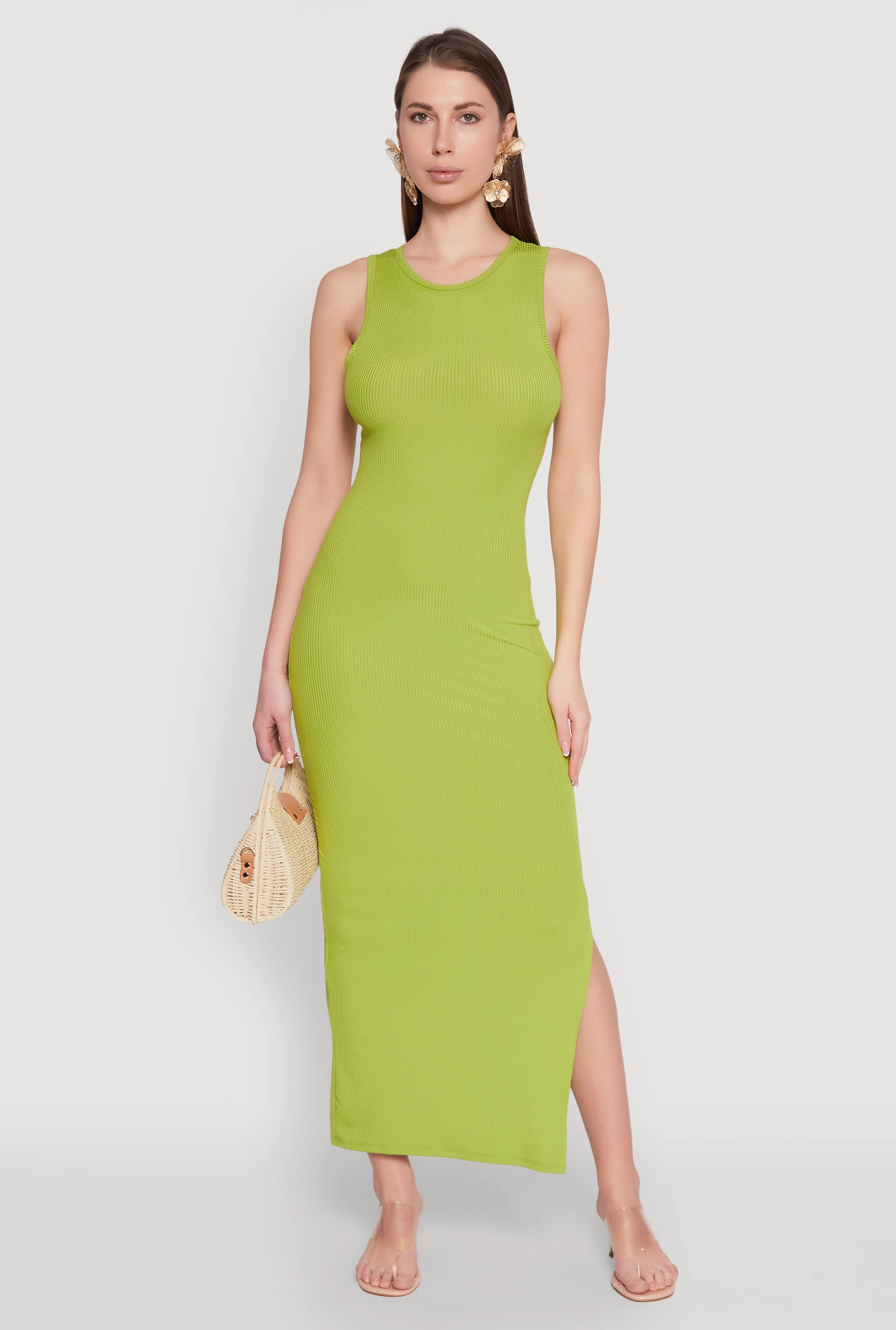 Rib Knit Side Slit Maxi Dress Shine Skin Pure Color