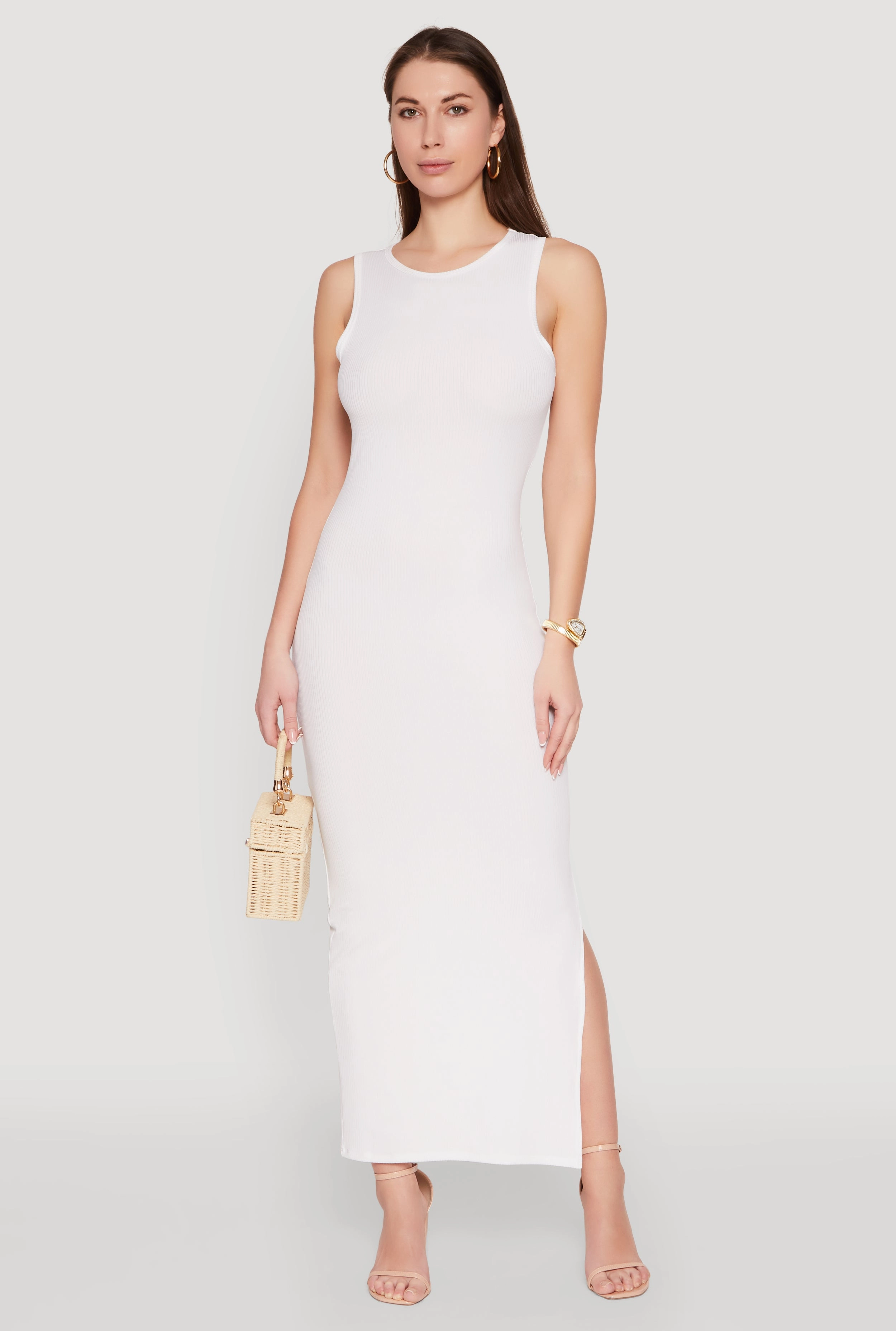 Rib Knit Side Slit Maxi Dress Crystal-Detail