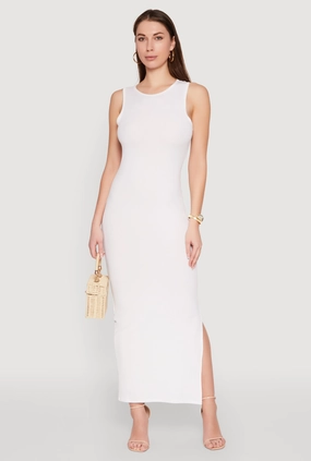 Rib Knit Side Slit Maxi Dress Crystal-Detail