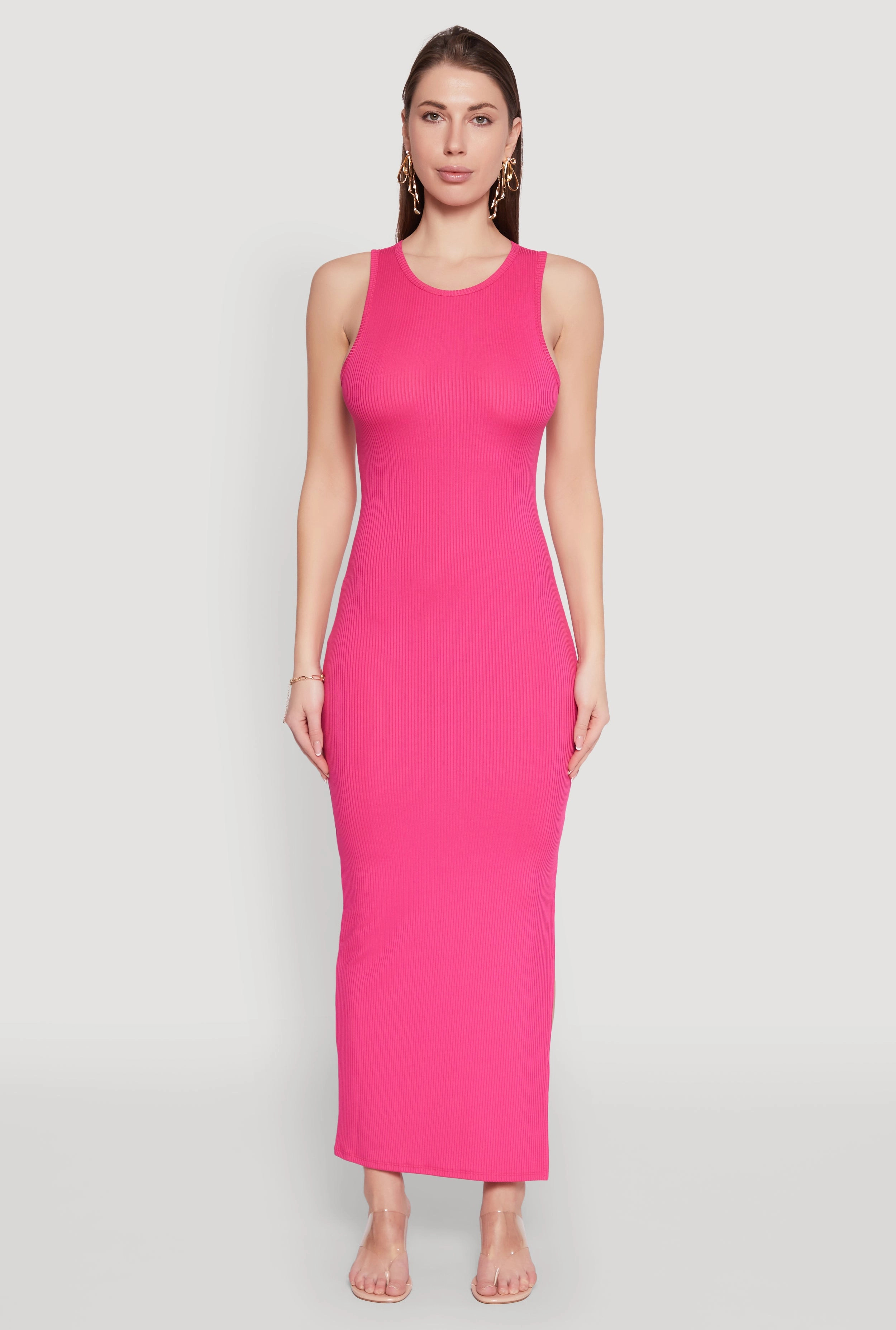 Rib Knit Side Slit Maxi Dress Body Safe Color Soft