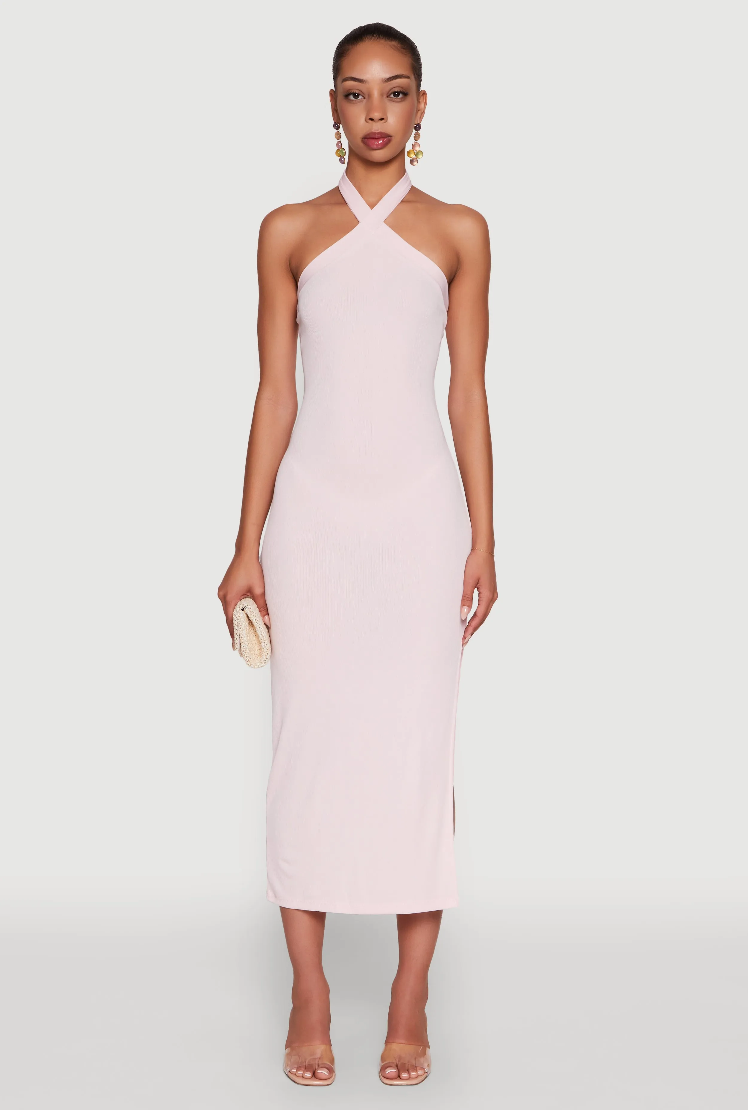 Ribbed Knit Bodycon Halter Dress with Side Slit Timeless Edge