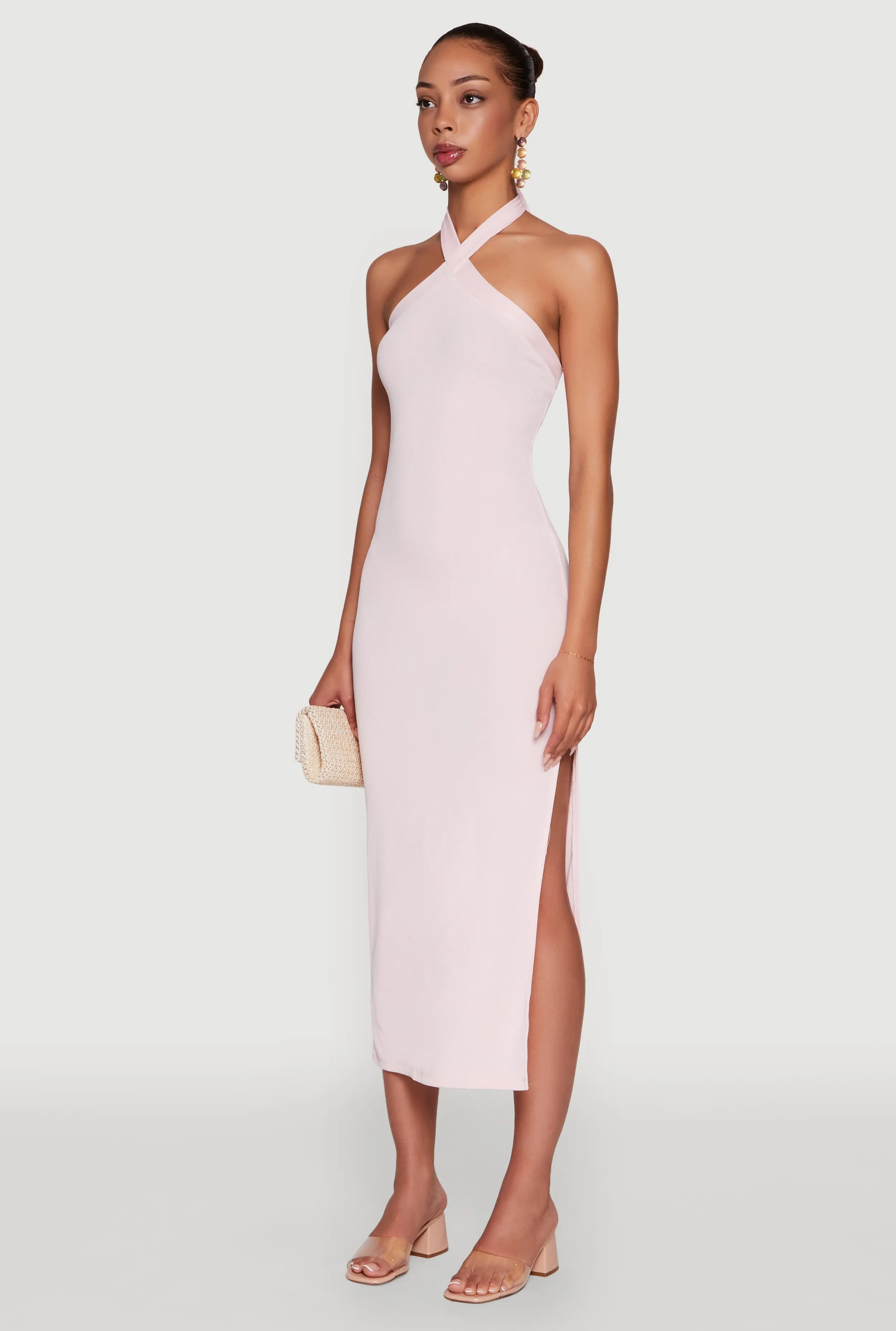 Move Easy Warm Soft Ribbed Knit Bodycon Halter Dress with Side Slit