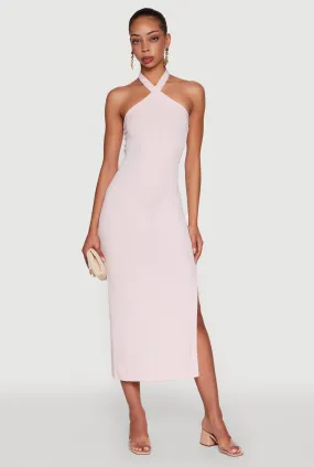Feminine Style Breathable wear Ribbed Knit Bodycon Halter Dress with Side Slit