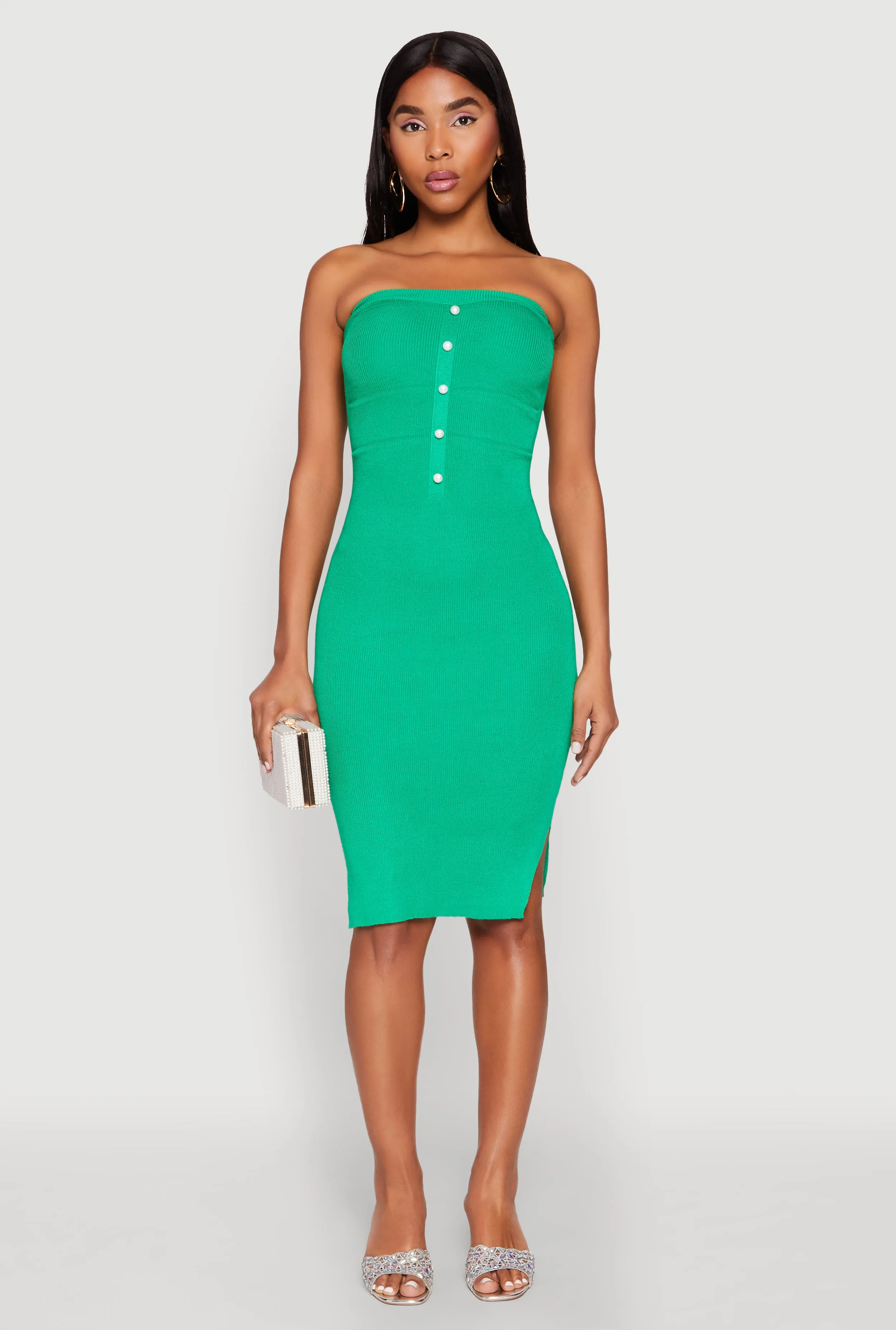Ribbed Knit Faux Pearl Detail Tube Dress Fresh Appeal