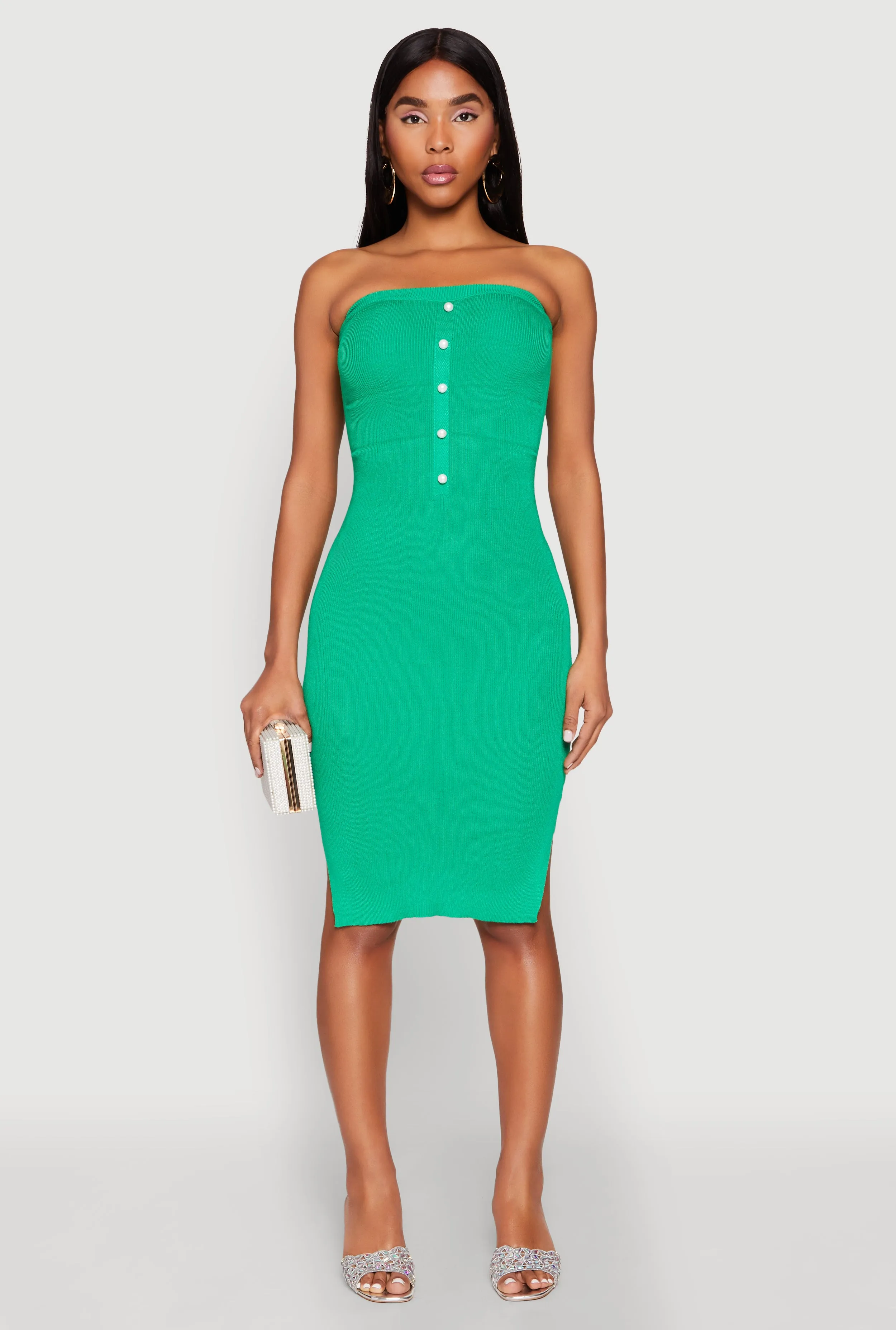Airy Drape Special-Edition Ribbed Knit Faux Pearl Detail Tube Dress