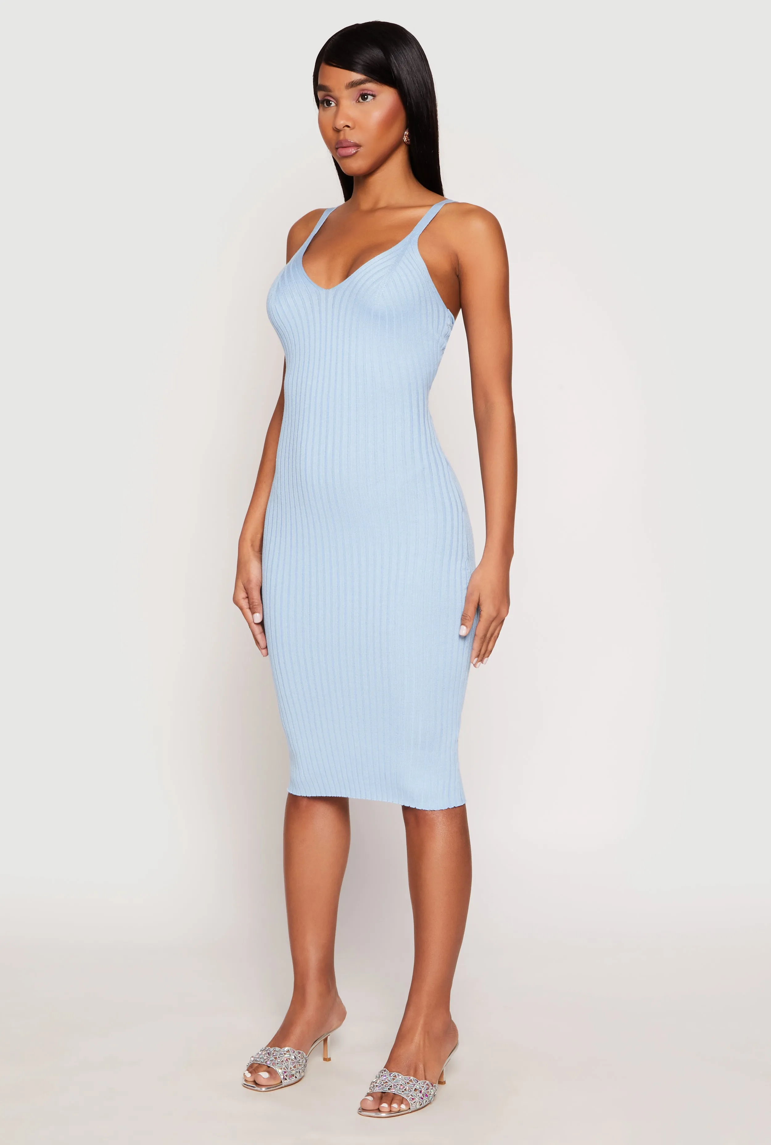 Trend Smart Kimono-Sleeve Ribbed Knit V Neck Midi Dress