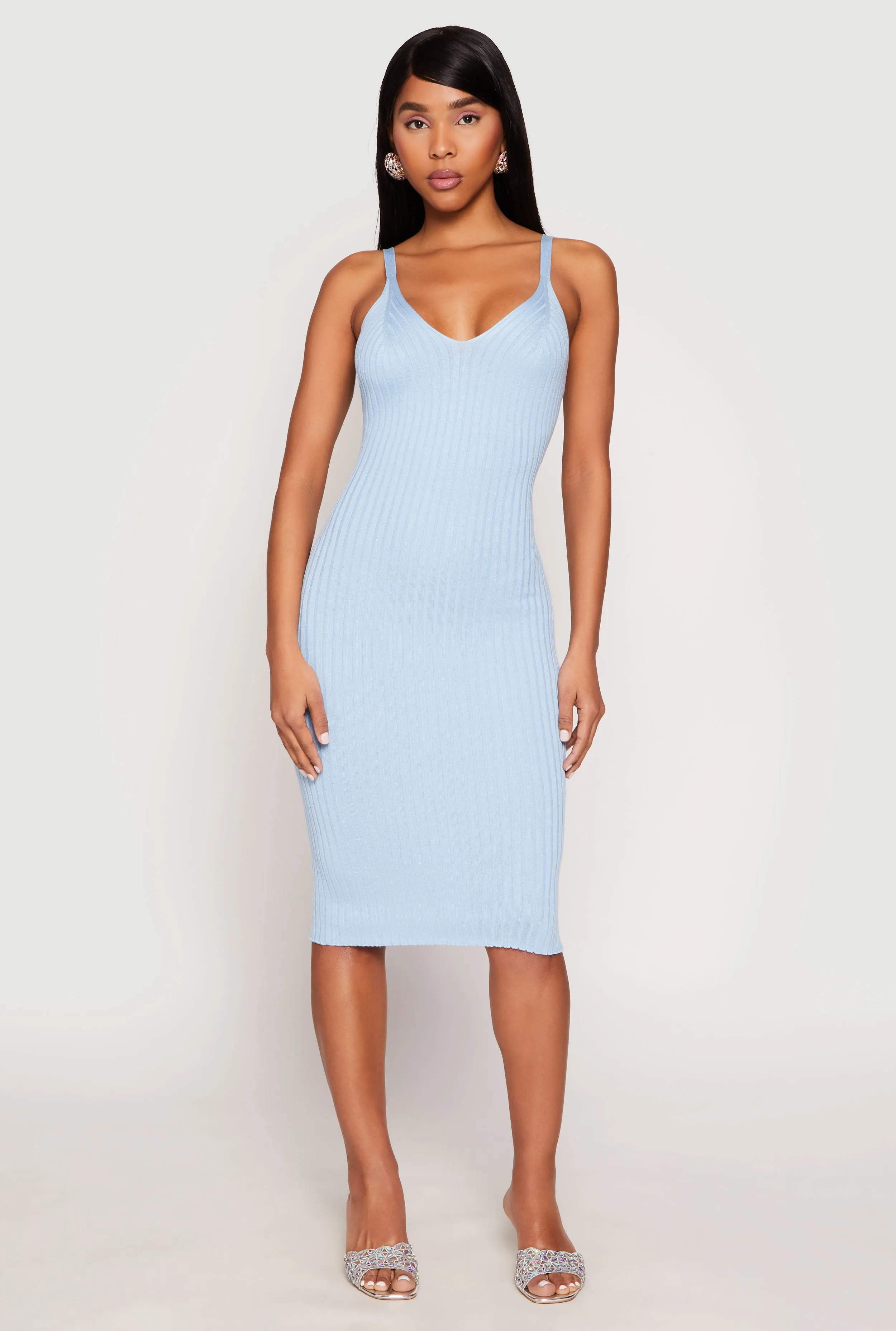 Ribbed Knit V Neck Midi Dress Dry-Clean-Only Wedding-Guest