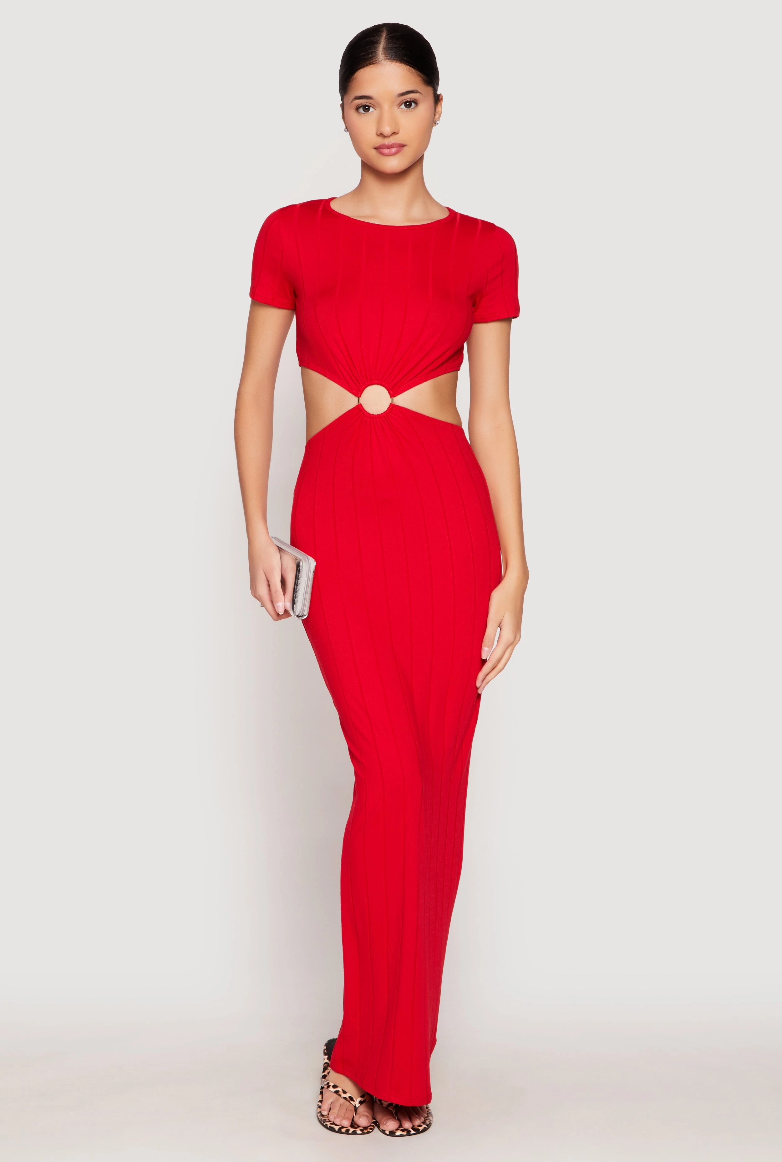 Elastic Fit Seasonal Layering Ribbed Knit O Ring Cut Out Maxi Dress