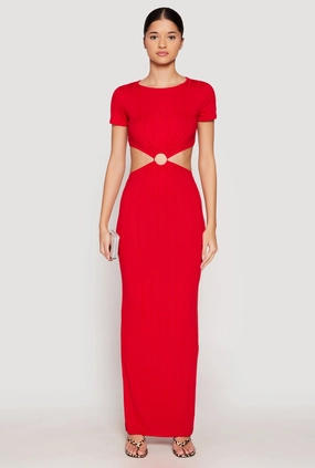 Balanced Tones Shape Retention Ribbed Knit O Ring Cut Out Maxi Dress