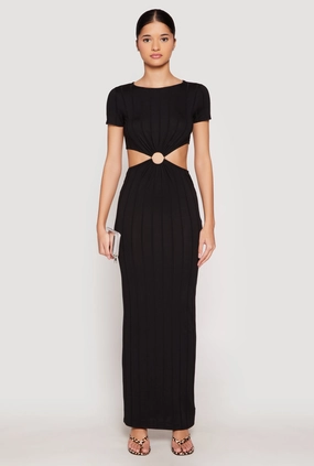 Ribbed Knit O Ring Cut Out Maxi Dress Church Scene