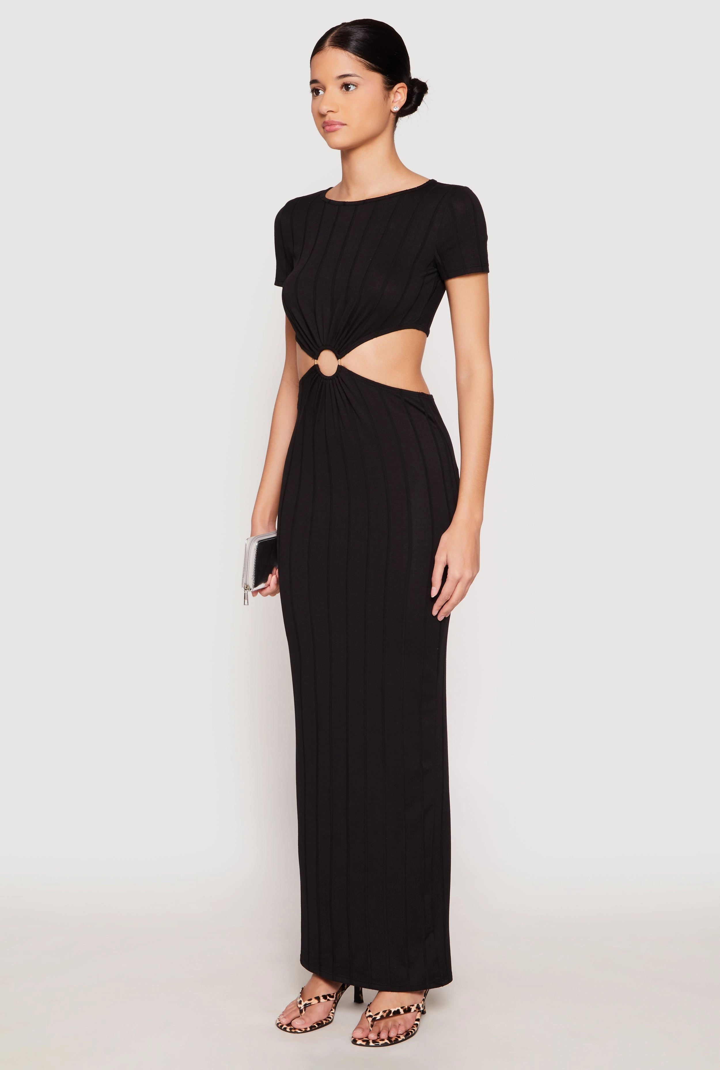 Ribbed Knit O Ring Cut Out Maxi Dress Fluid Cut Perfect Layer