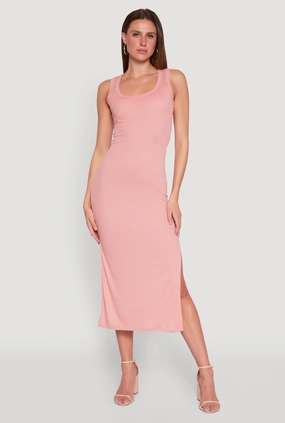 Ribbed Knit Scoop Neck Maxi Tank Dress Light and Comfortable Casual Mode