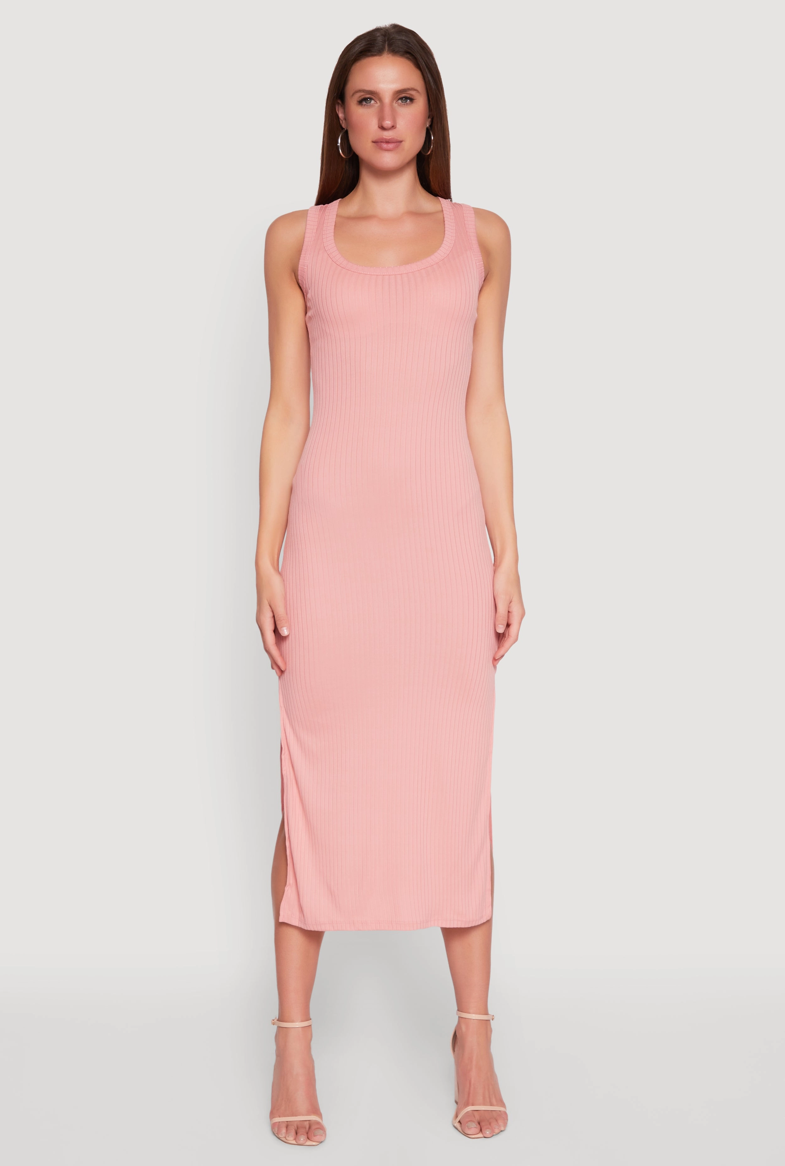 Ribbed Knit Scoop Neck Maxi Tank Dress Chic Wear Sheer-Overlay