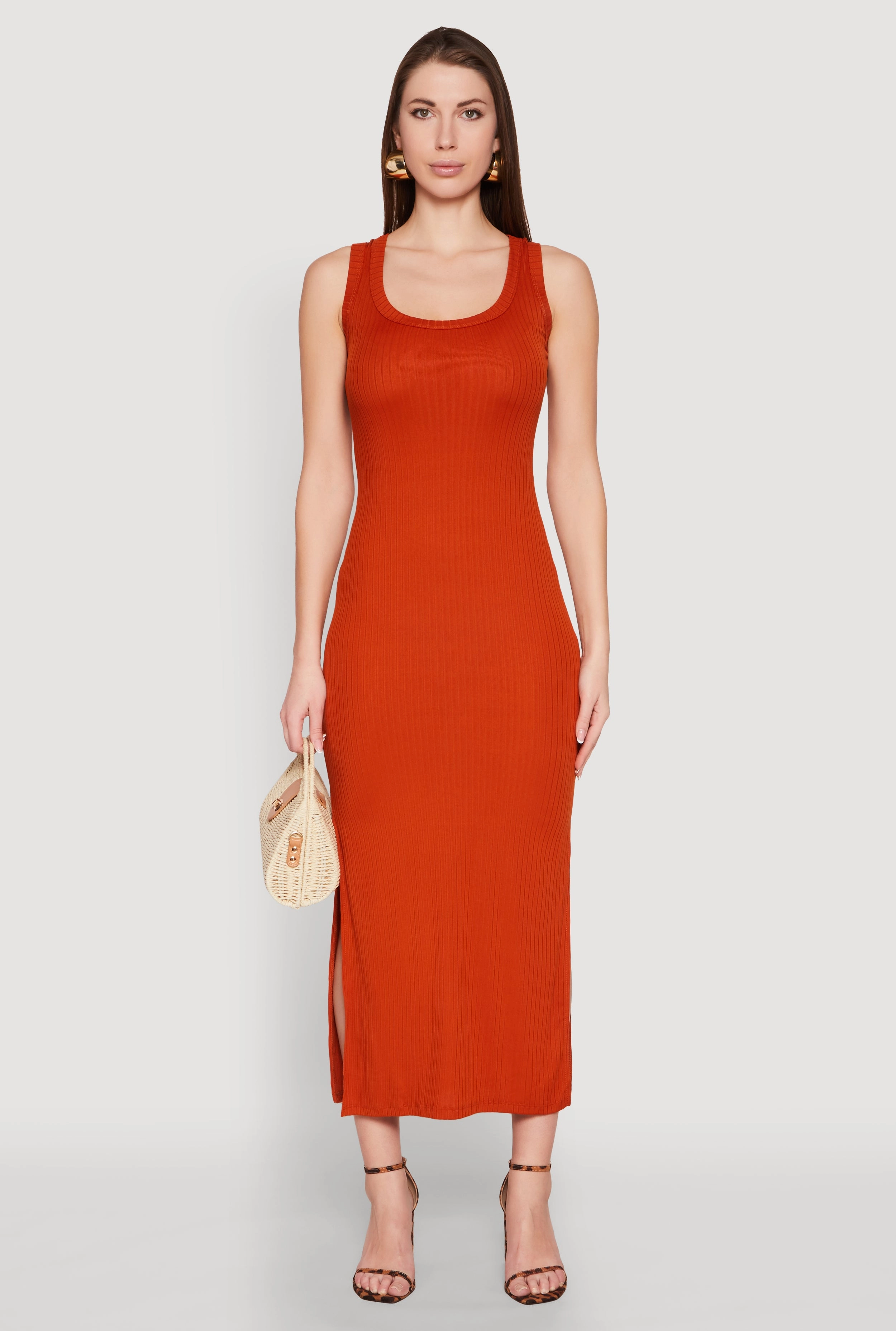 Ribbed Knit Scoop Neck Maxi Tank Dress Airy Base Side Tie