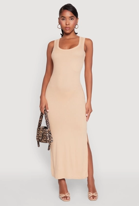 Ribbed Knit Scoop Neck Maxi Tank Dress Balanced Tone Climate-Adaptive