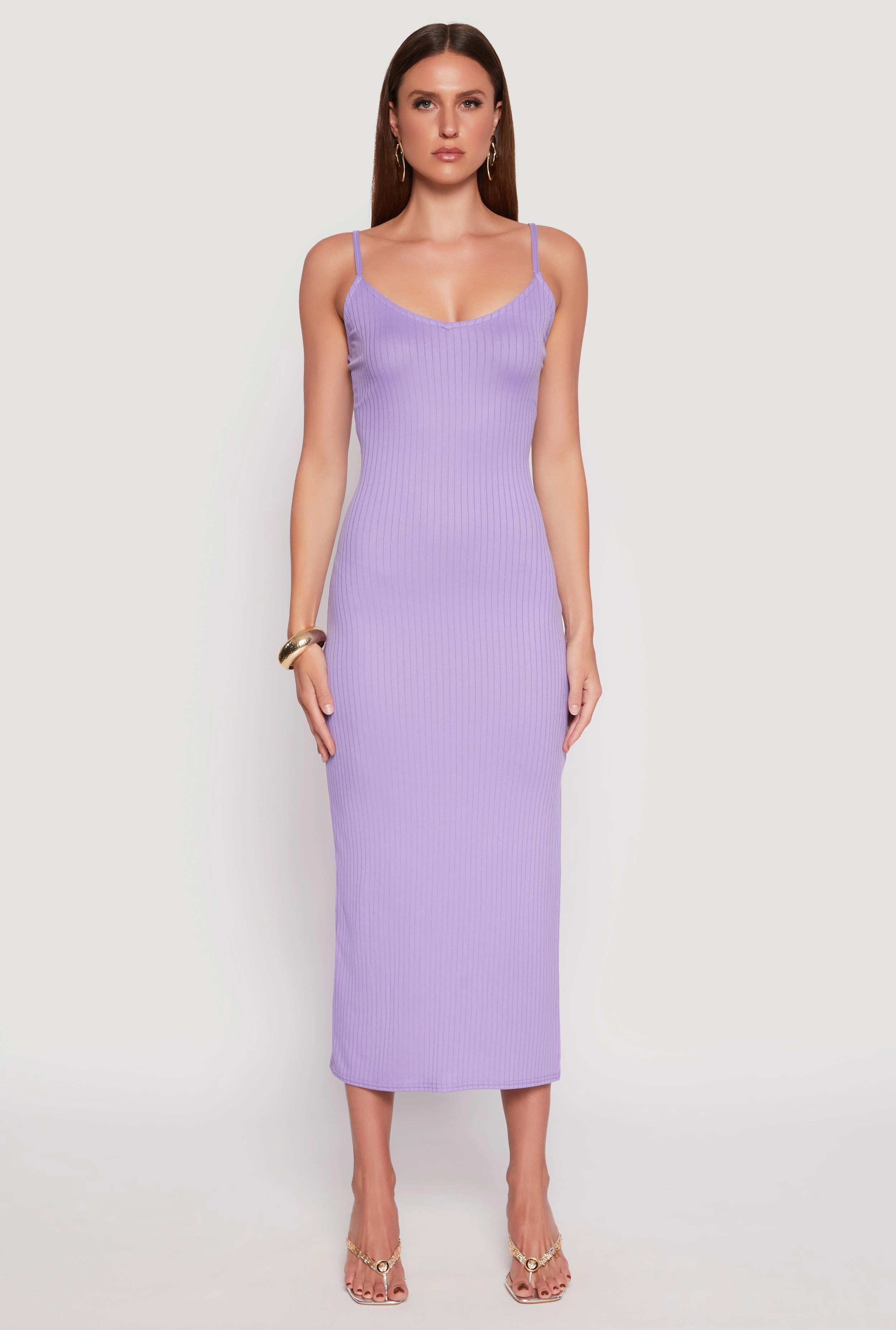 Chain-Detail Easy Pick Ribbed Knit Side Slit Maxi Dress
