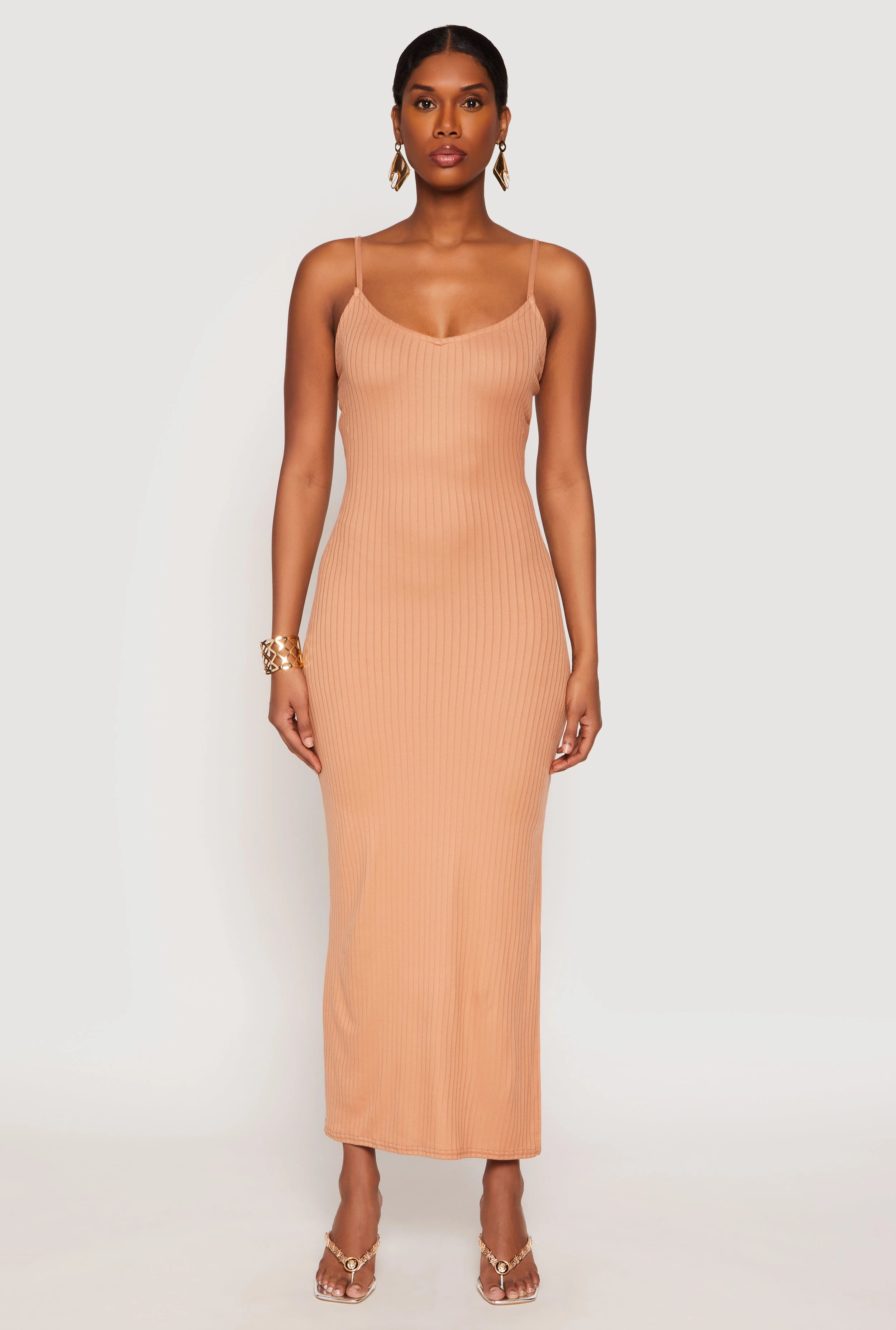 Rural Charm Edgy-Look Ribbed Knit Side Slit Maxi Dress