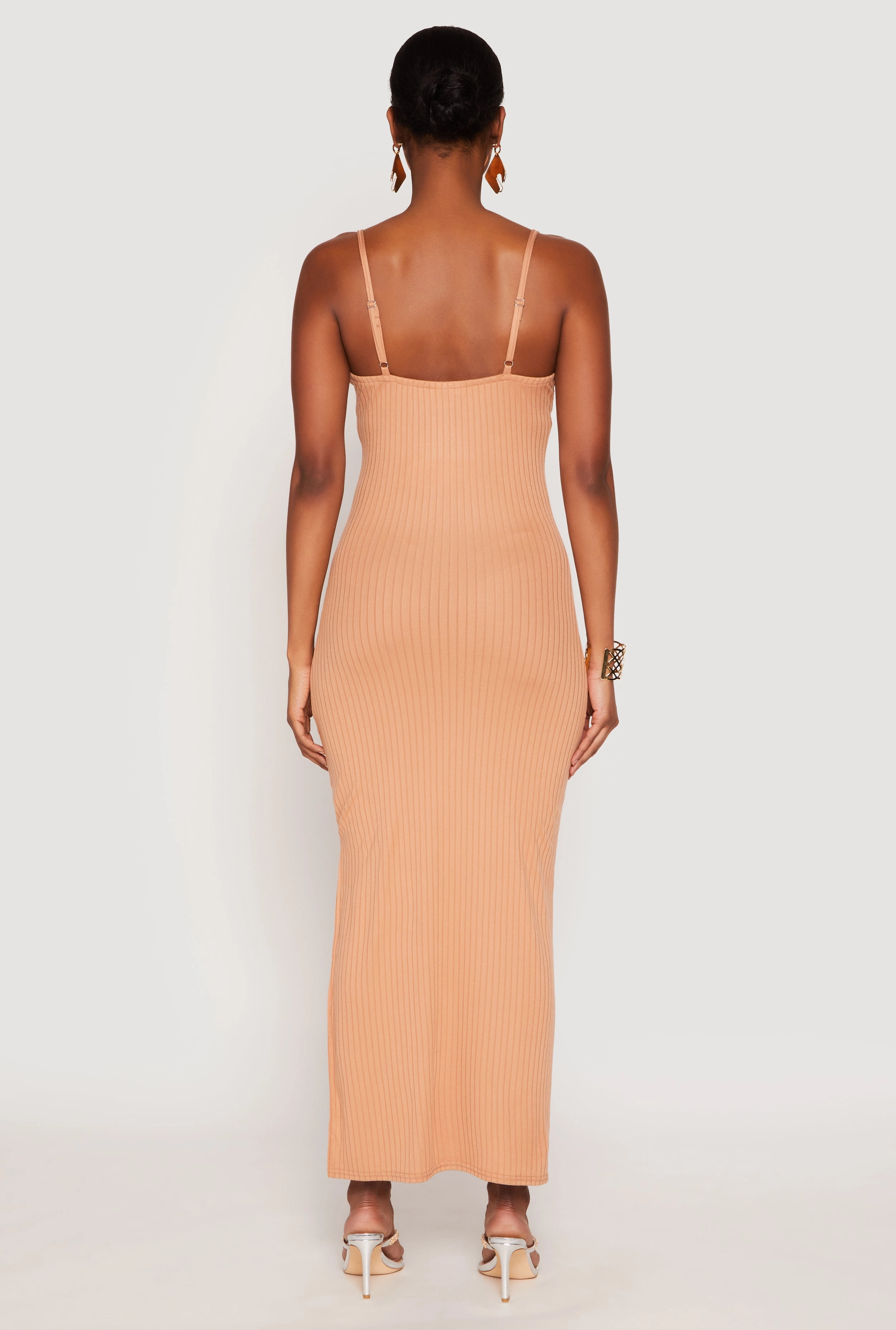 Ribbed Knit Side Slit Maxi Dress Everyday-Use Gathered-Detail