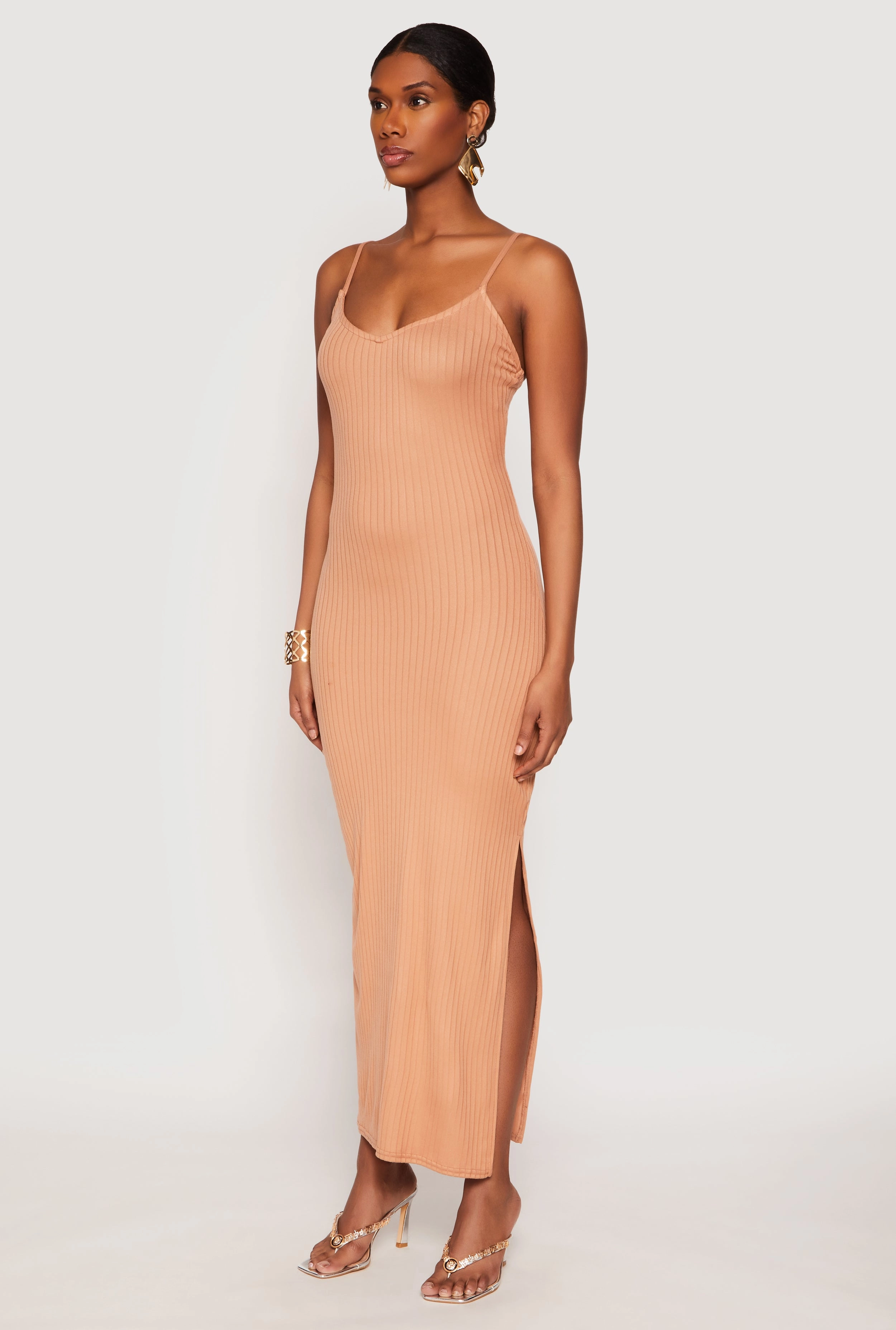 Layering Piece Layered Movement Ribbed Knit Side Slit Maxi Dress