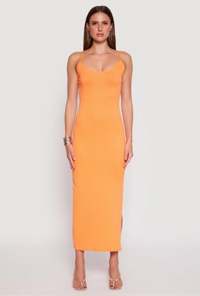 Flattering Wearable Ribbed Knit Side Slit Maxi Dress