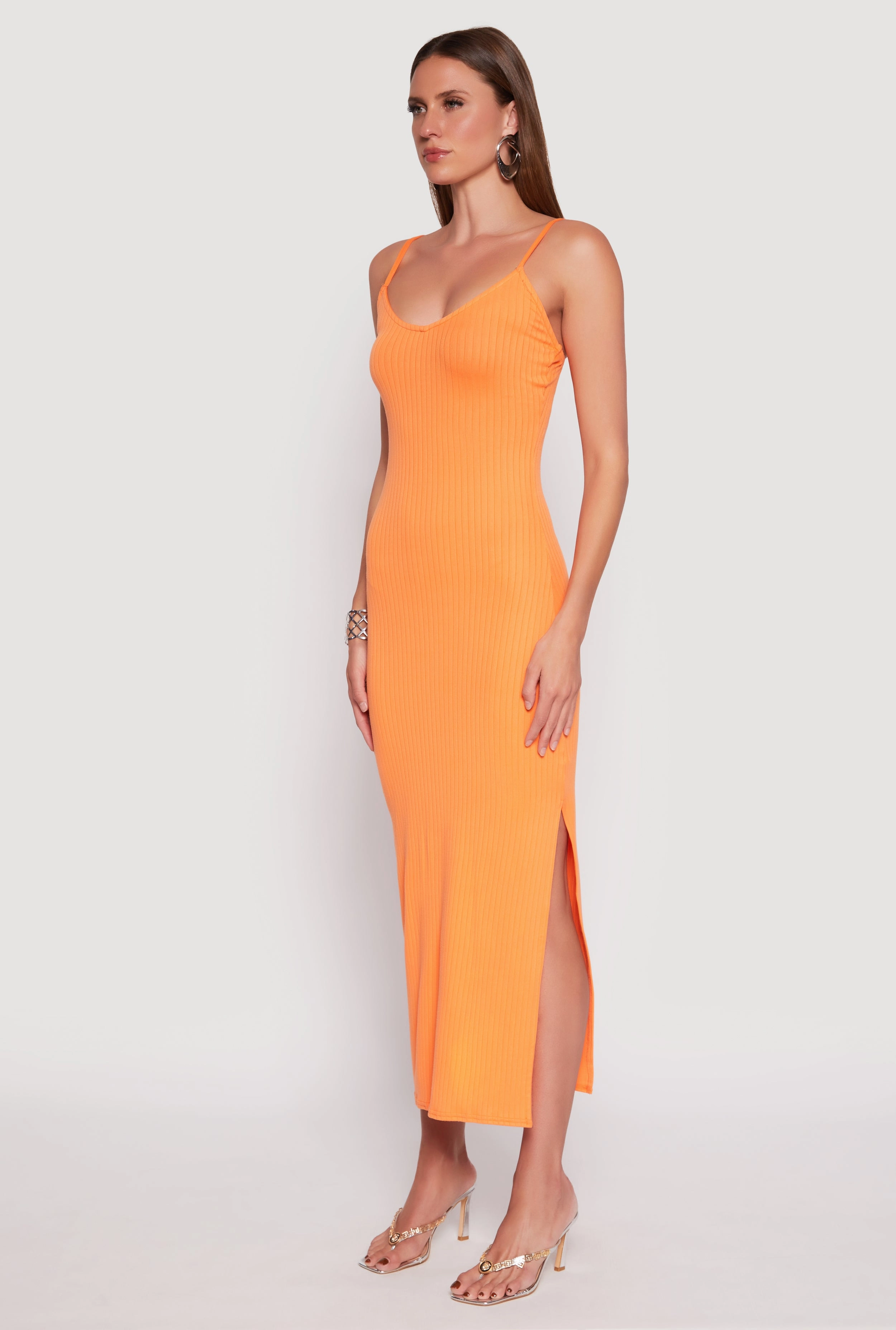 Ribbed Knit Side Slit Maxi Dress Flower Grace