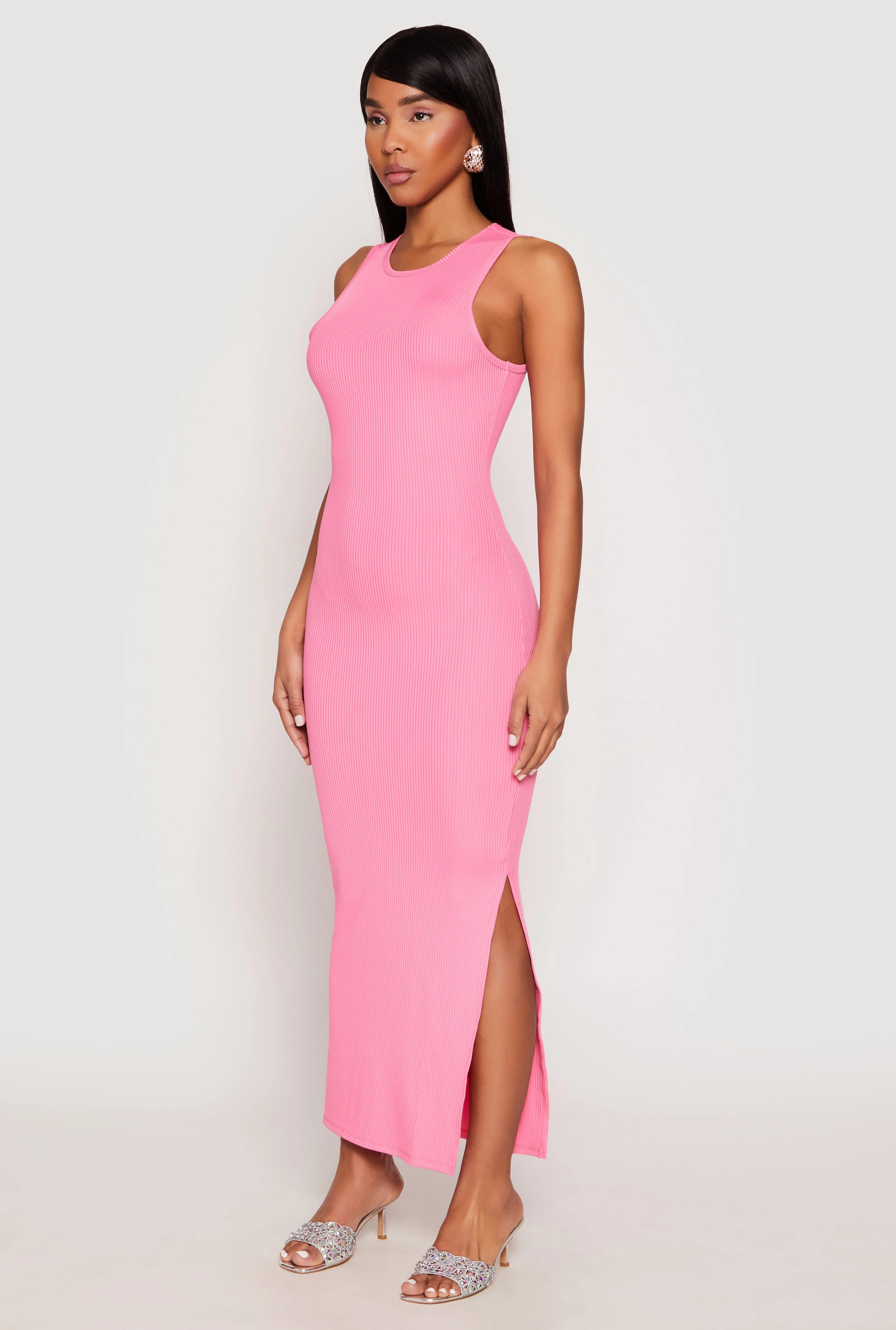 High low hem Ribbed Knit Side Slit Tank Maxi Dress