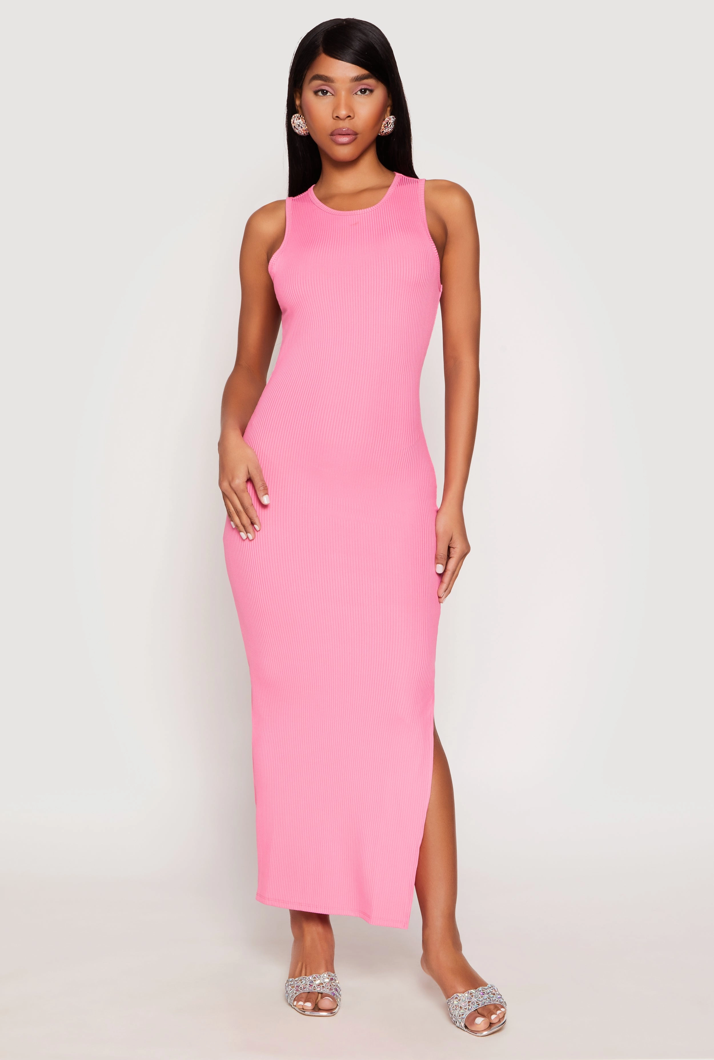 Live Soft Ribbed Knit Side Slit Tank Maxi Dress
