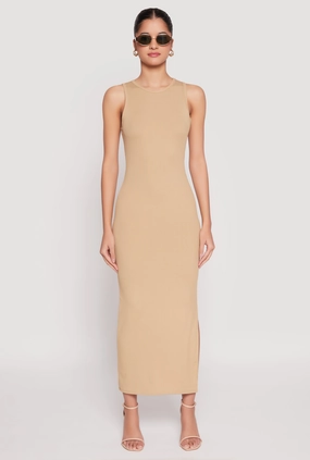 Ribbed Knit Side Slit Tank Maxi Dress Bow Soft