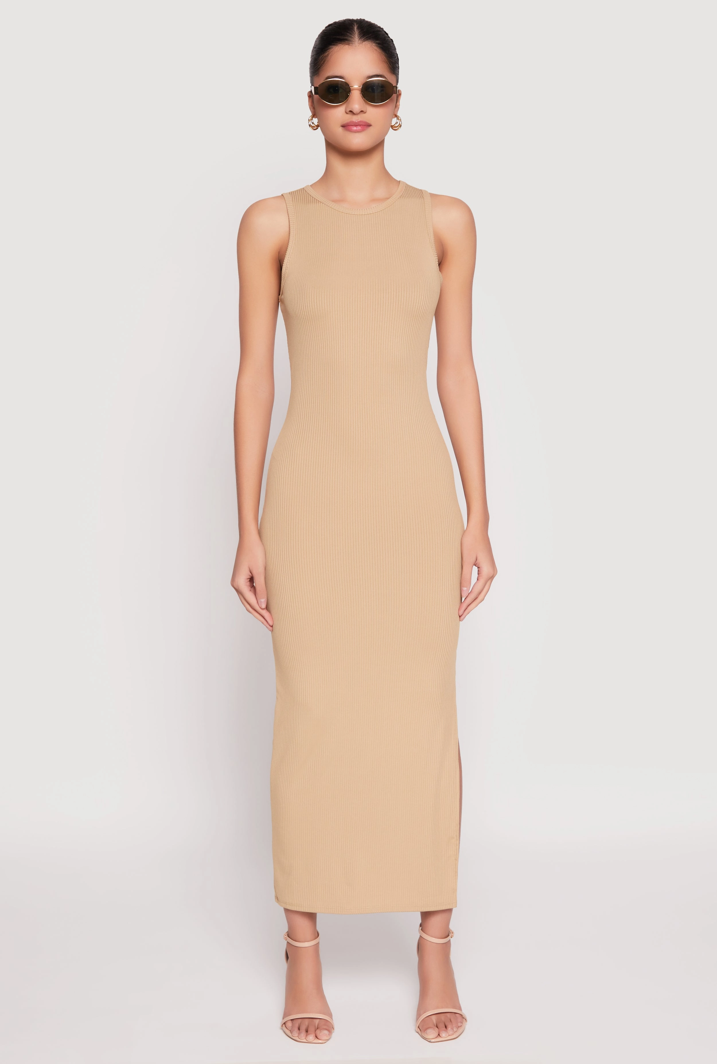 Ribbed Knit Side Slit Tank Maxi Dress Bow Soft