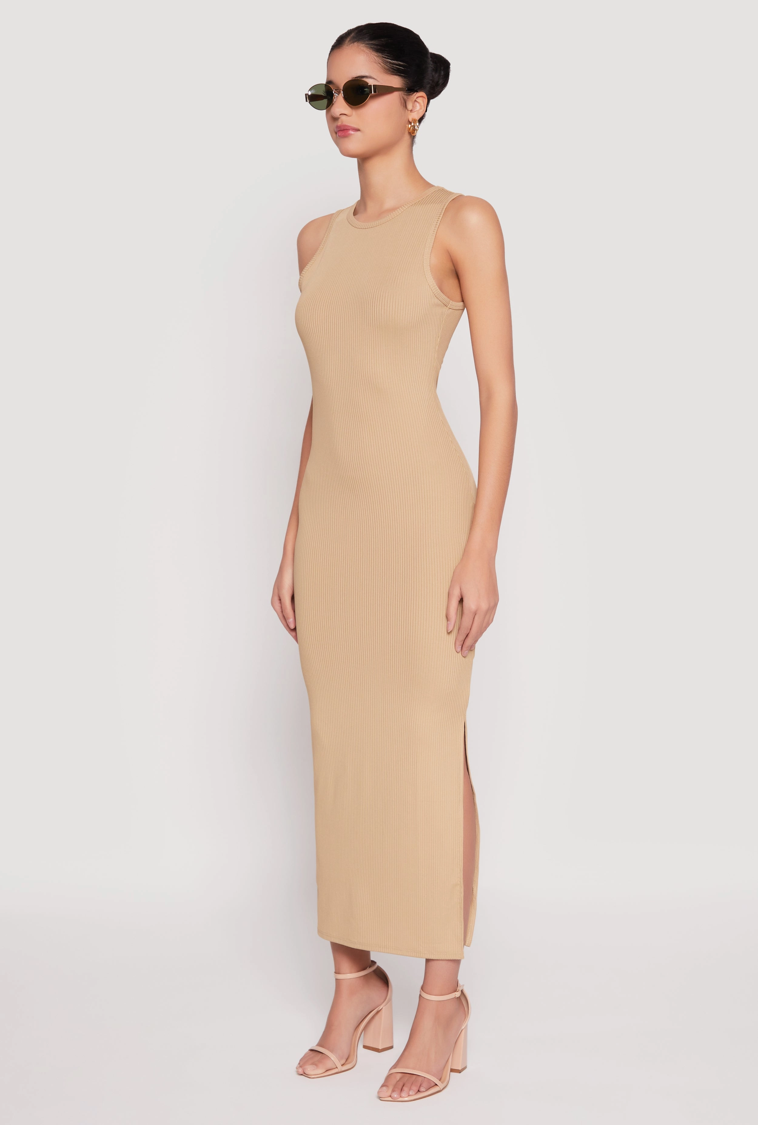 Lightweight-Layer Chill Base Ribbed Knit Side Slit Tank Maxi Dress