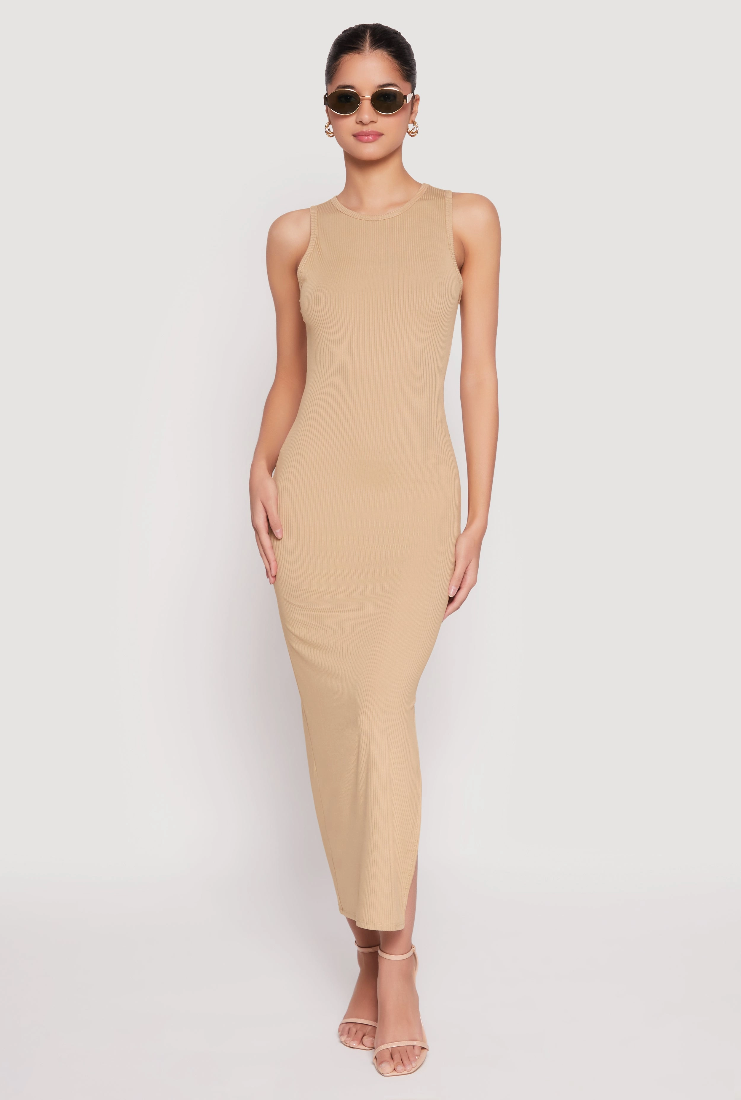 Ribbed Knit Side Slit Tank Maxi Dress Easy Layering Brunch Outfit